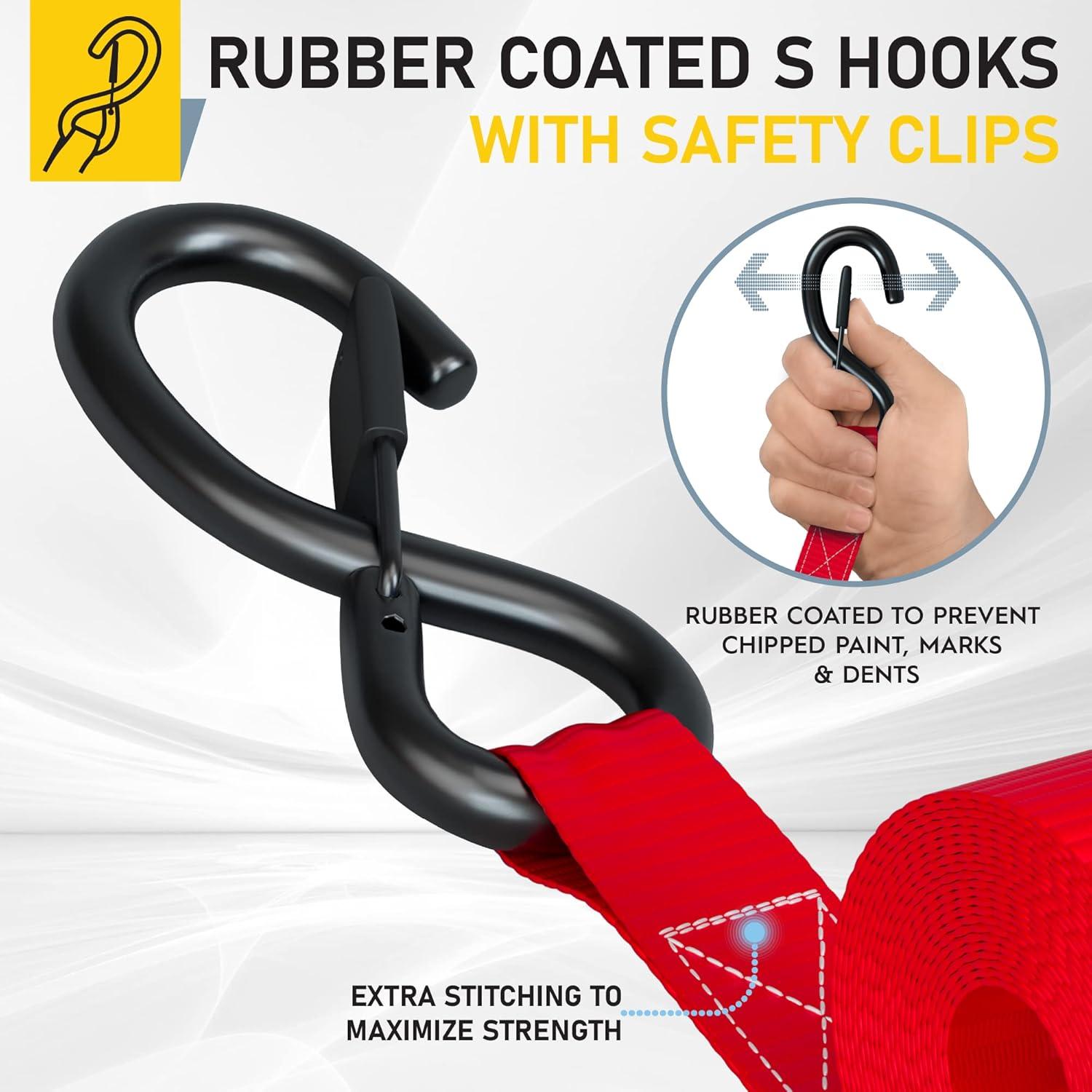 AUGO Ratchet Straps Heavy Duty 4 Pack -15 FT - 2200 LB Break Strength – Ratchet Tie Down Straps with Safety Lock S Hooks - Cargo Straps for Moving, Appliances, Motorcycle – Soft Loop Tie Down Straps