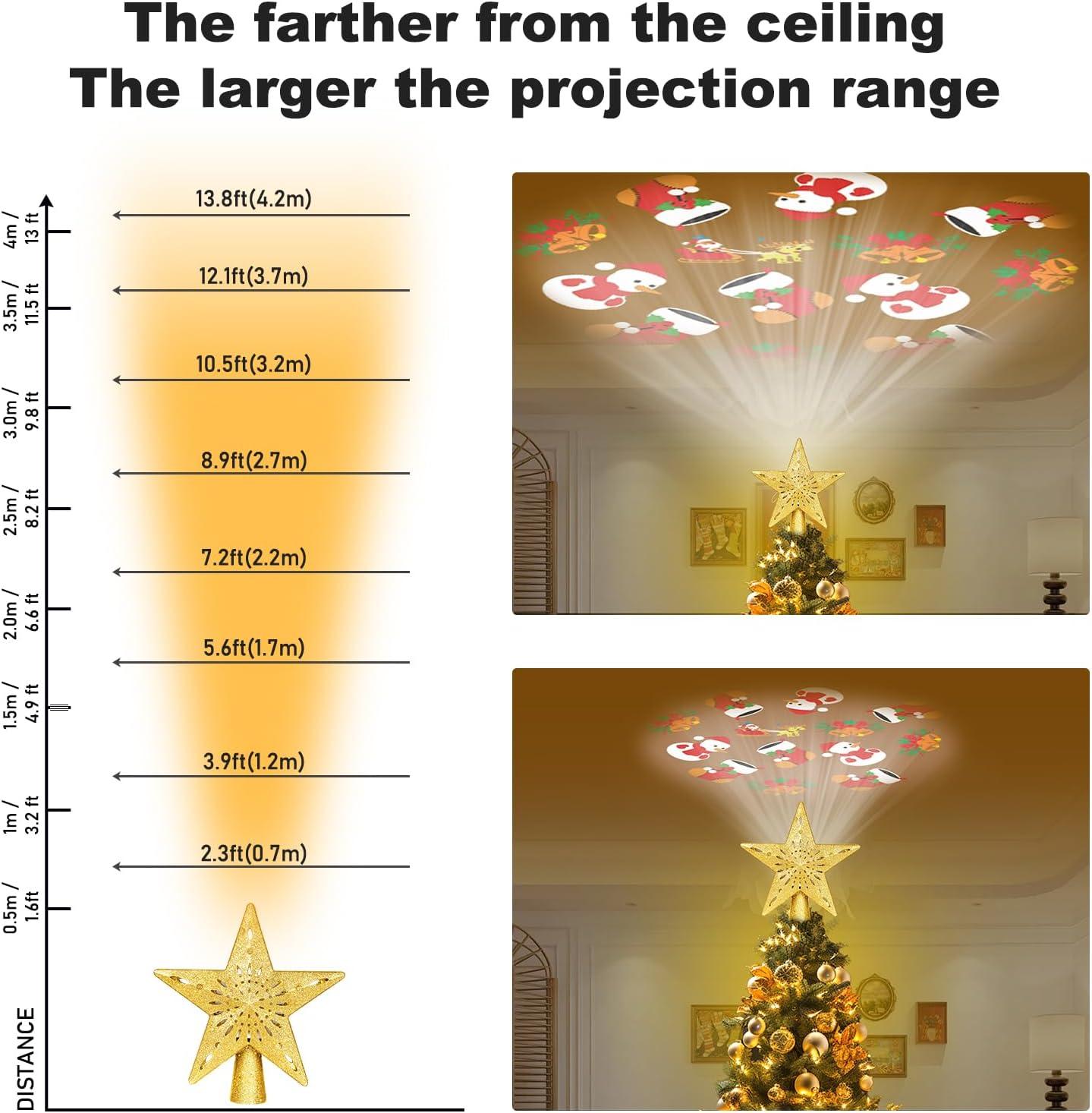 HOUFIY Christmas Tree Topper Lighted with 6 Projection Modes Star Tree Topper Built-in LED Rotating 3D Lighted Glitter Star Decorations Projector Tree Topper for Christmas Tree