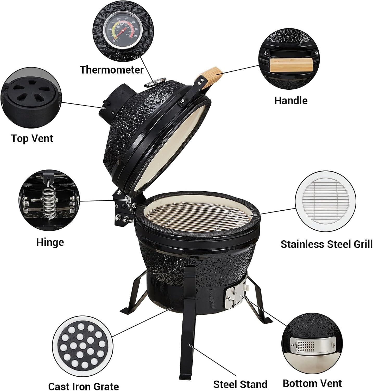 13-Inch Portable Ceramic Charcoal Grill with Grill Stand, Egg Shaped Ceramic Charcoal Grill w 10.6" Stainless Steel Cooking Grate, Heat Deflectors and Ash Tool for Outdoor Barbecue, Baking