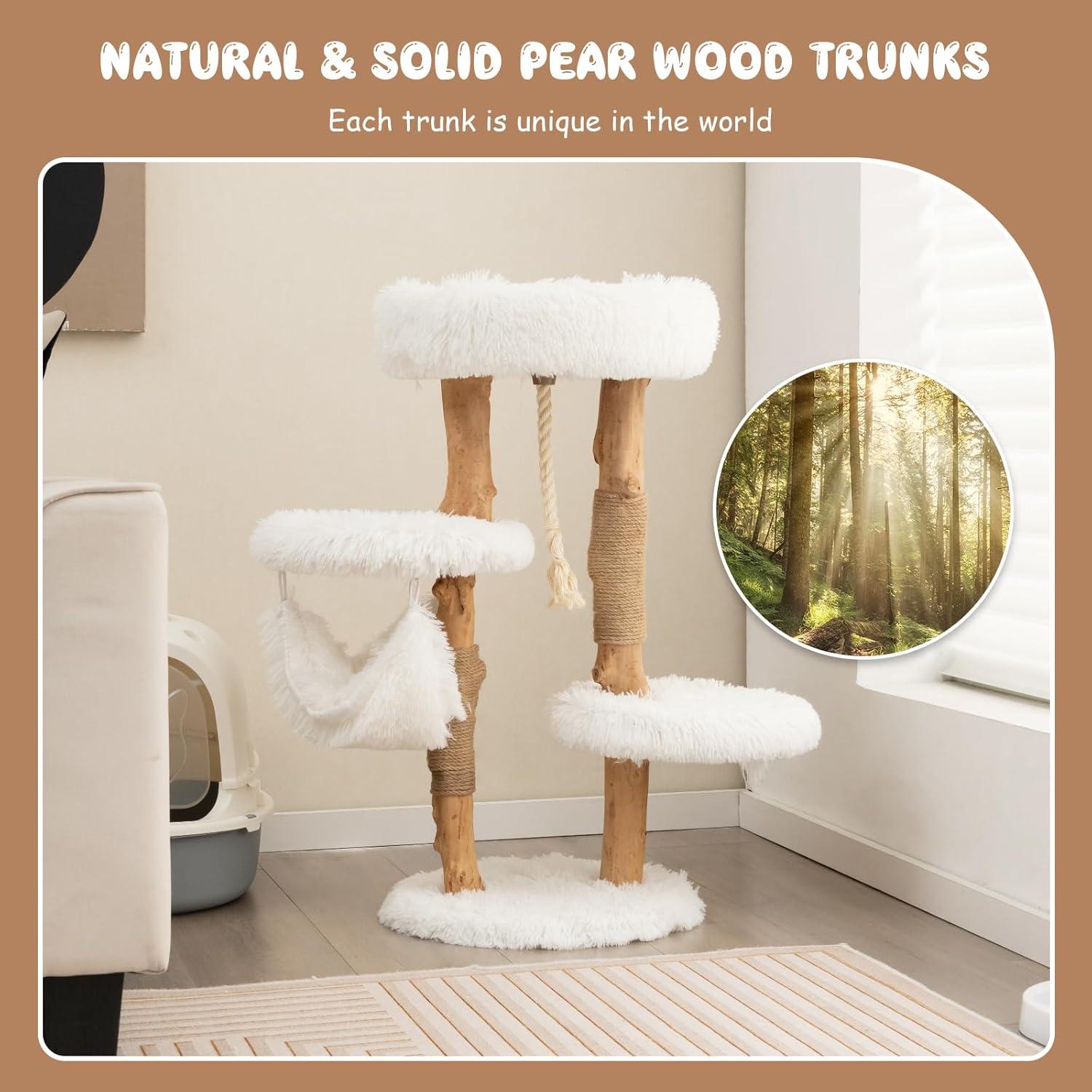 Tangkula 34" Tall Wooden Cat Tree Solid Wood Cat Tower with Jute Scratching Posts