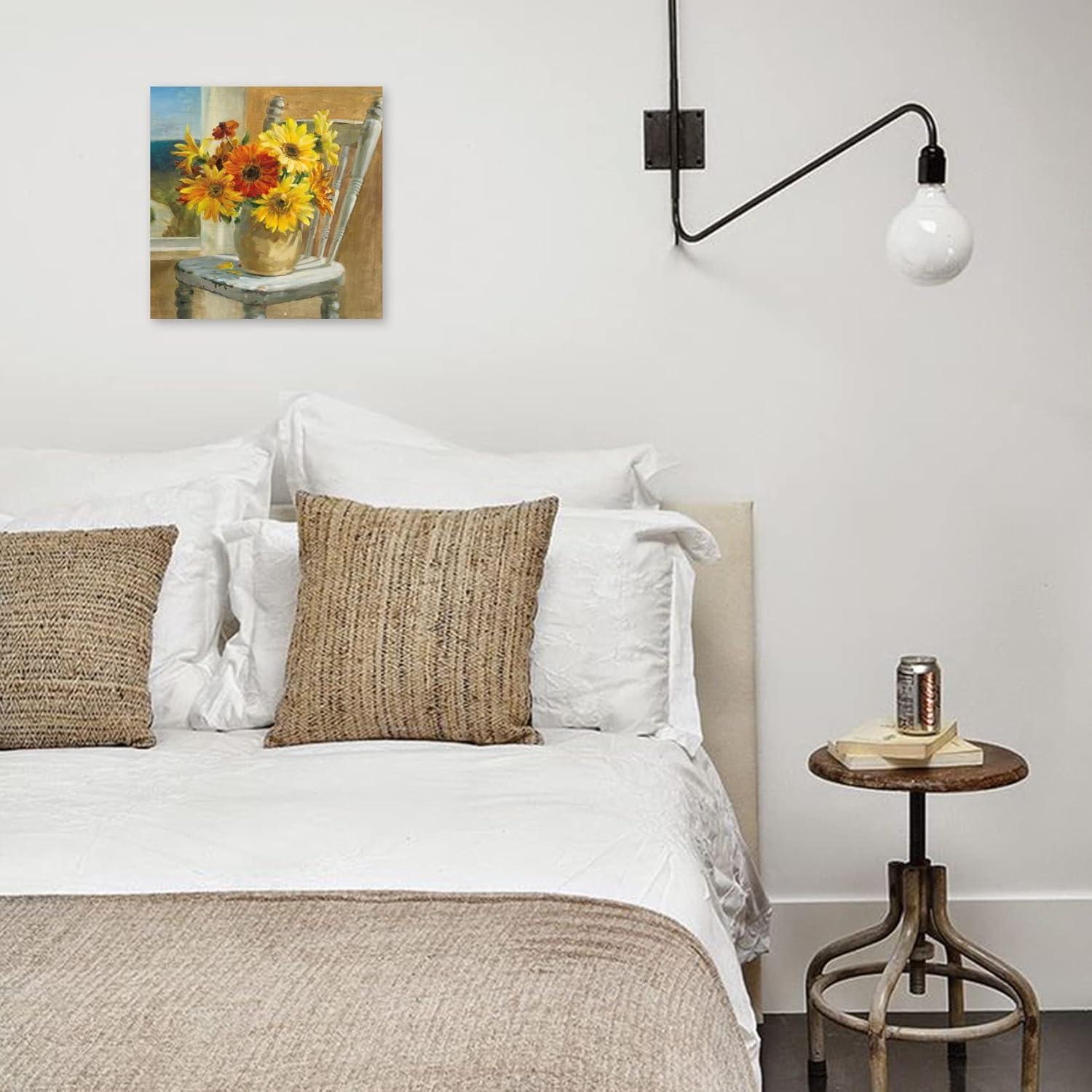 Bathroom Decor Canvas Country Farmhouse Wall Decor Sunflower Theme Painting Vintage Picture Artwork Wood Framed Wall Art Easy to Hang Size 14 x14 in