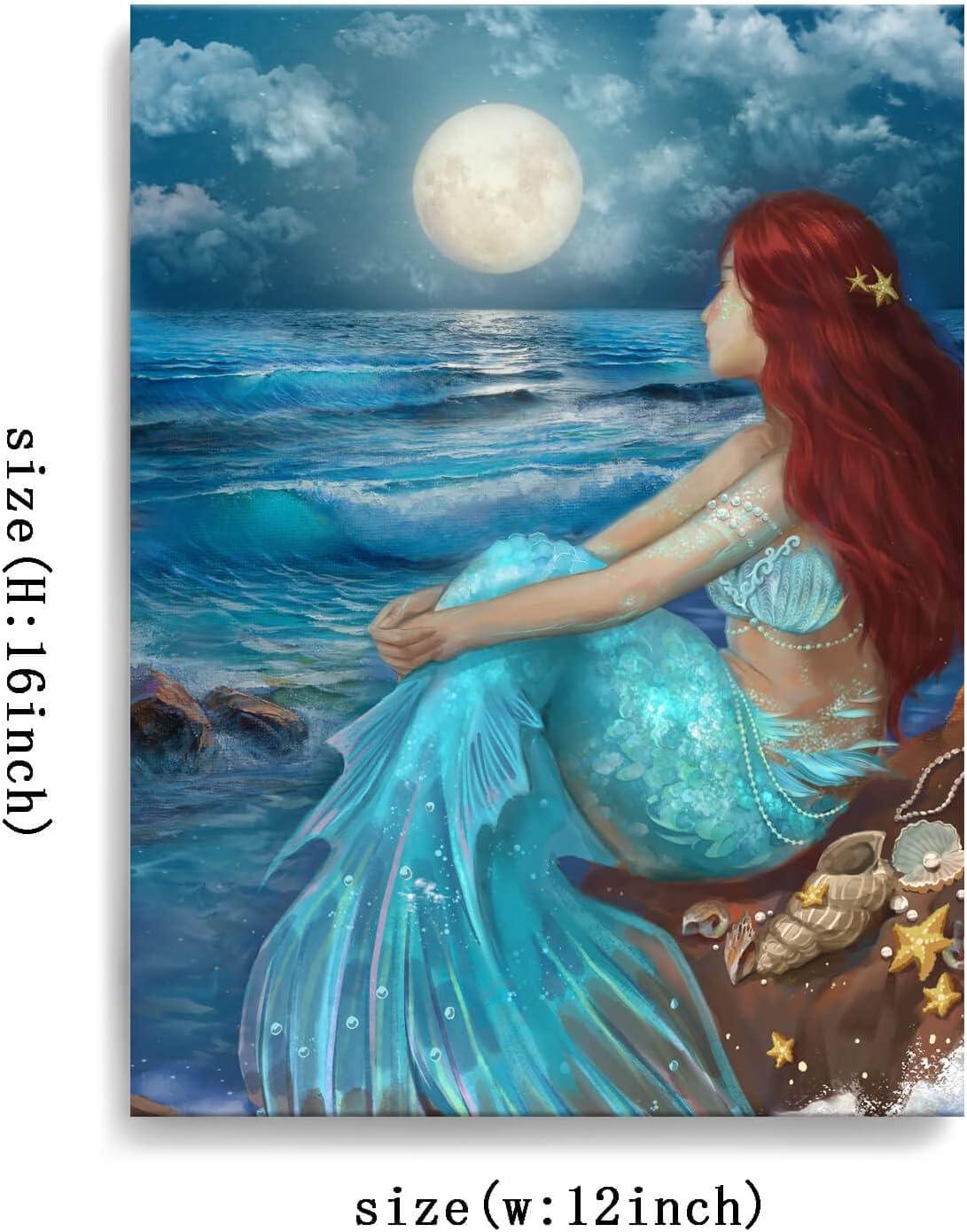 Mermaid Under Moonlight Blue Ocean Canvas Print