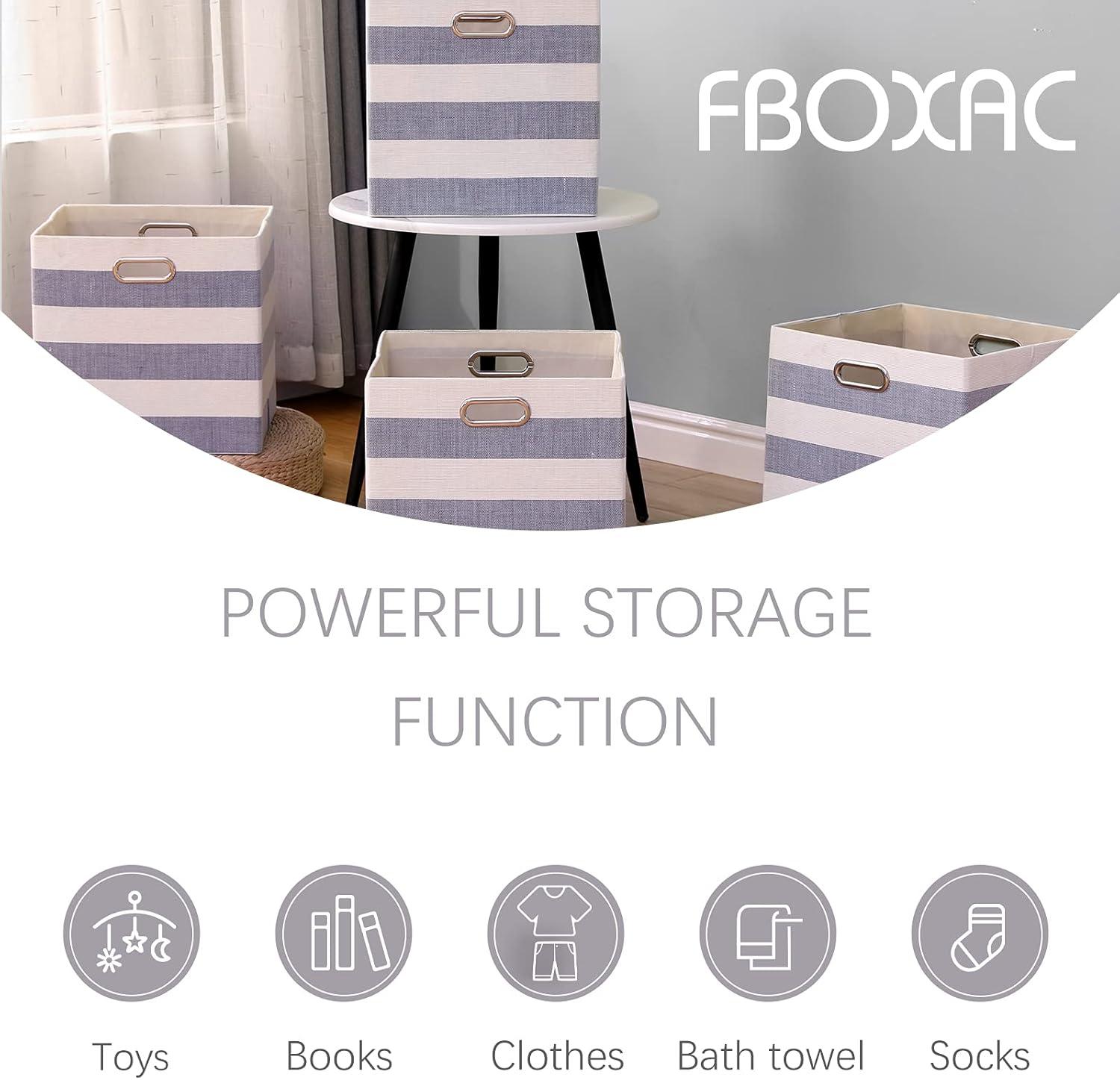 Cube Storage Bins 13×13 Fabric Foldable Box with Handles, Collapsible Organization Basket Set of 4 Large Capacity Drawer for Closet Shelf Cabinet Bookcase Bedroom, Grey-white Stripes