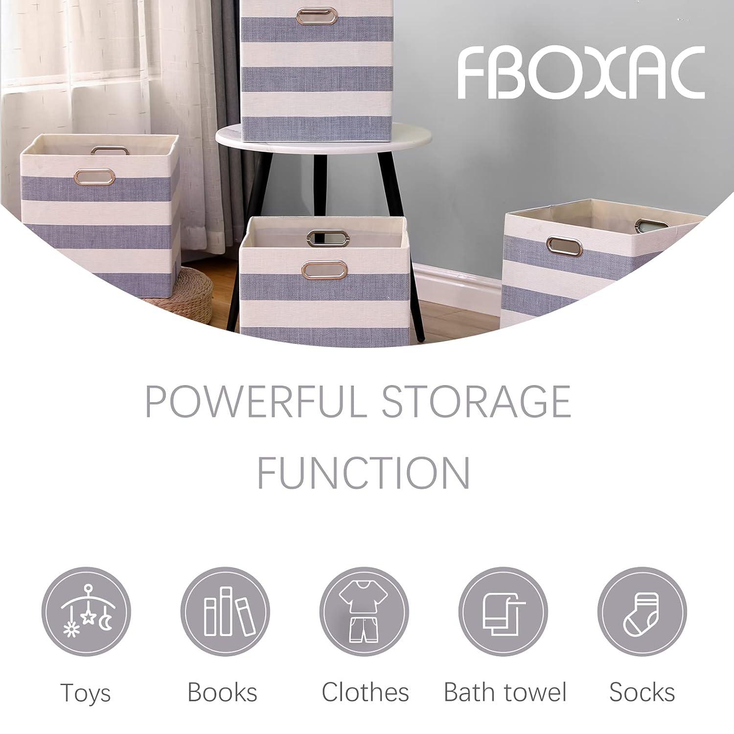 Cube Storage Bins 13×13 Fabric Foldable Box with Handles, Collapsible Organization Basket Set of 4 Large Capacity Drawer for Closet Shelf Cabinet Bookcase Bedroom, Grey-white Stripes