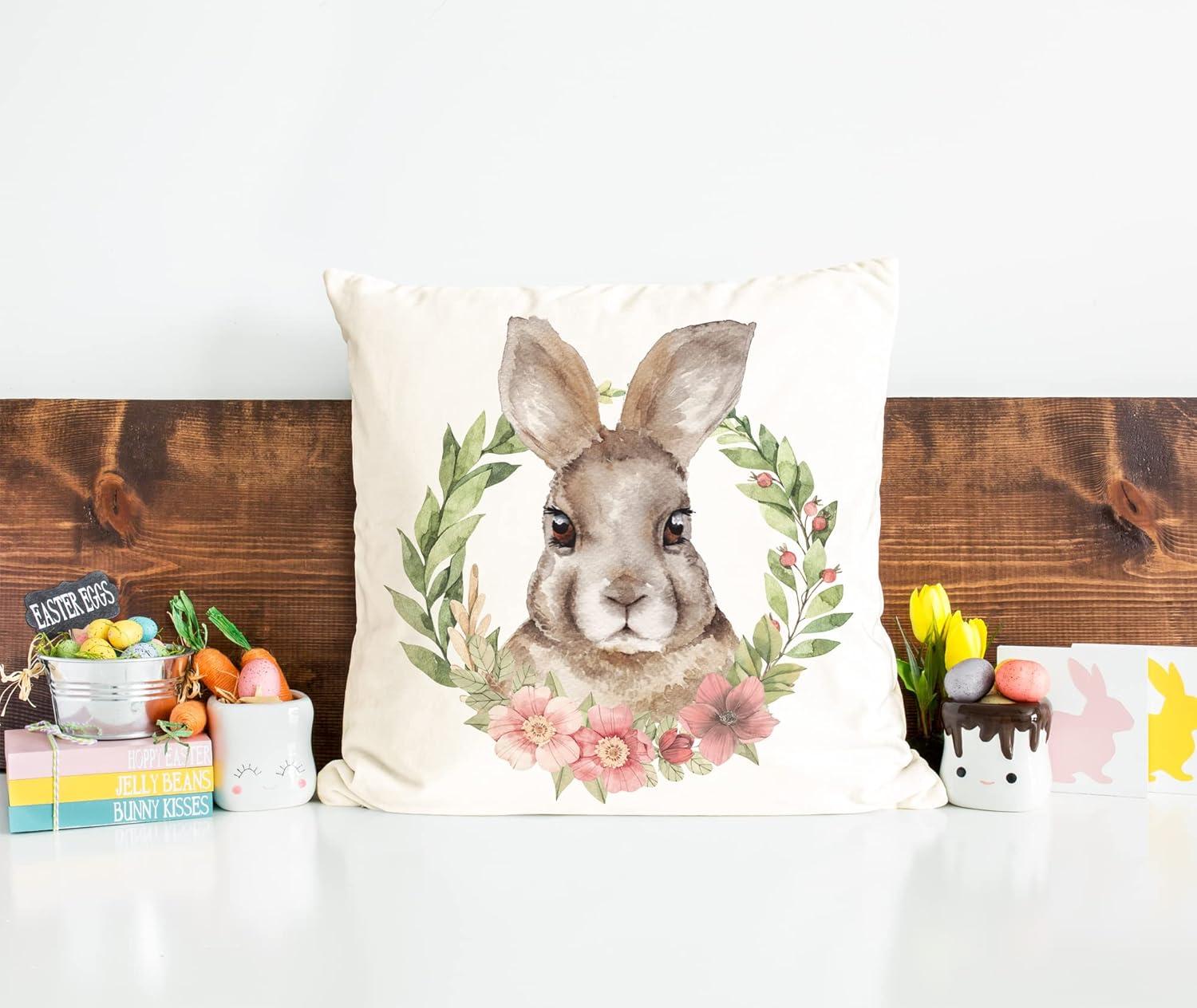 Easter Bunny and Floral Cotton Linen Pillow Covers Set