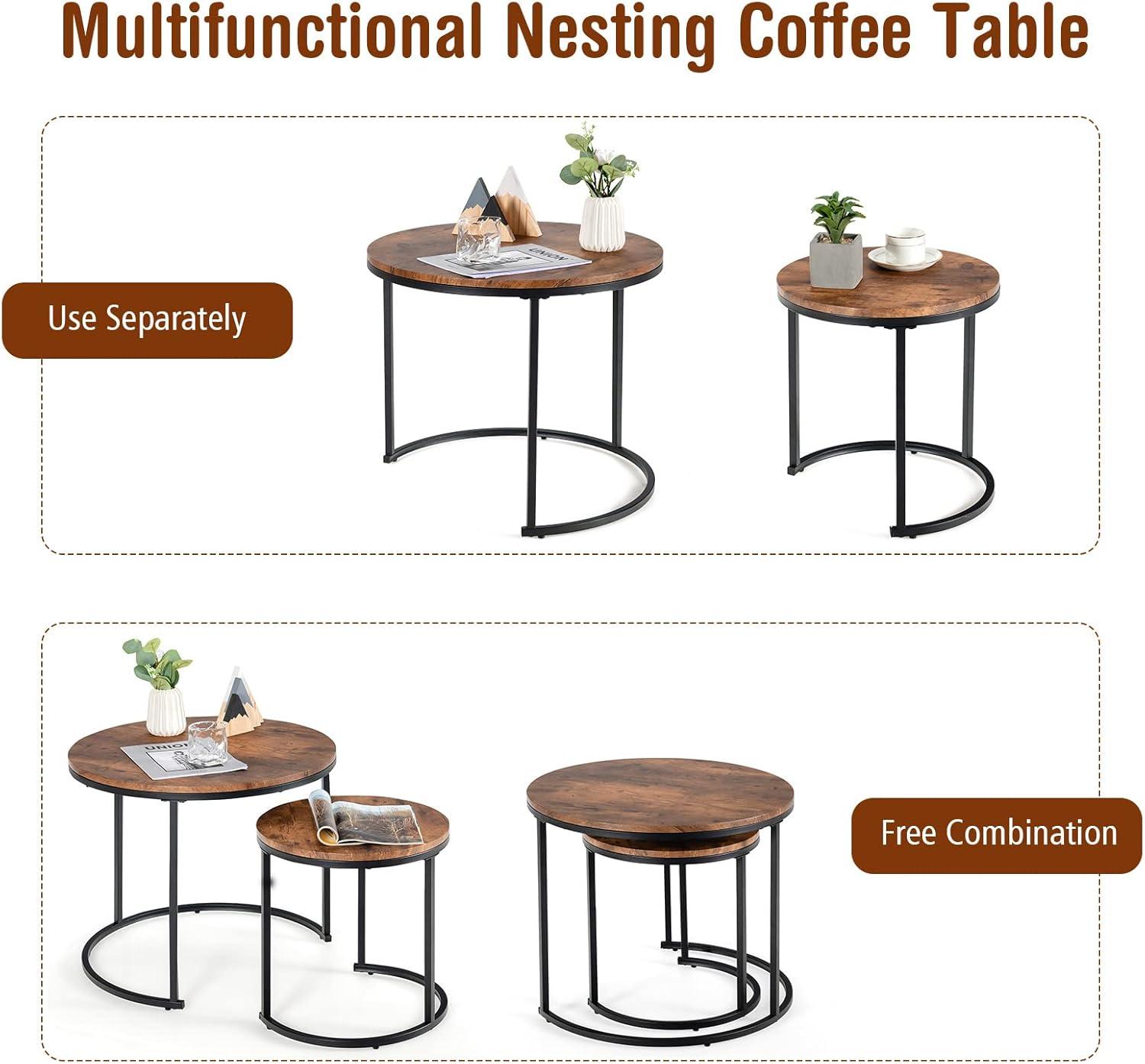 Costway Nesting Coffee Table Set of 2 for Balcony Living Room Modern Round Side Tables Rustic Brown