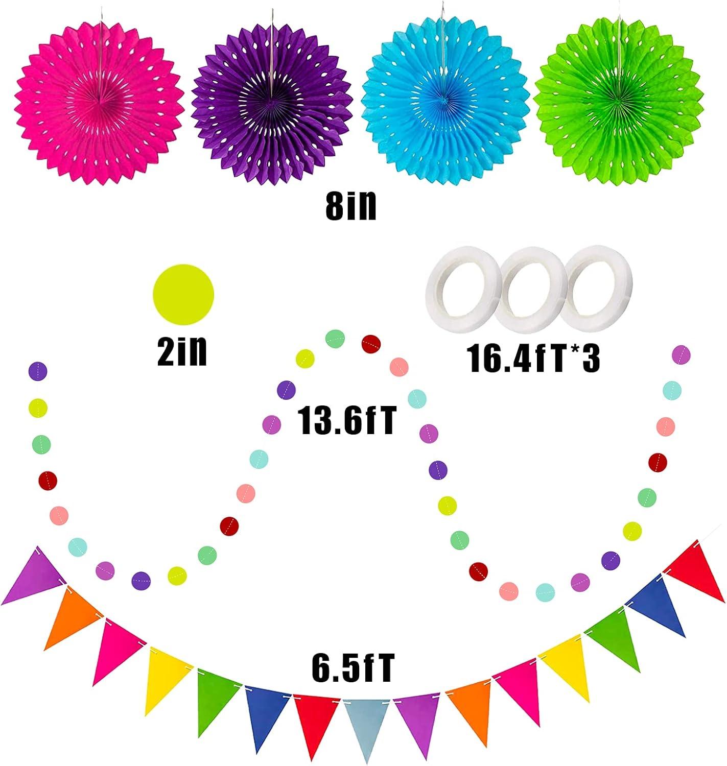 Fiesta Paper Fan Party Decorations Set, 24pcs Colorful Paper Fans, Hollow Paper Fans, Tissue Paper Pom Poms, Honeycomb Balls, Dot Garland for Fiesta Party, Birthday Wedding or Mexican Party