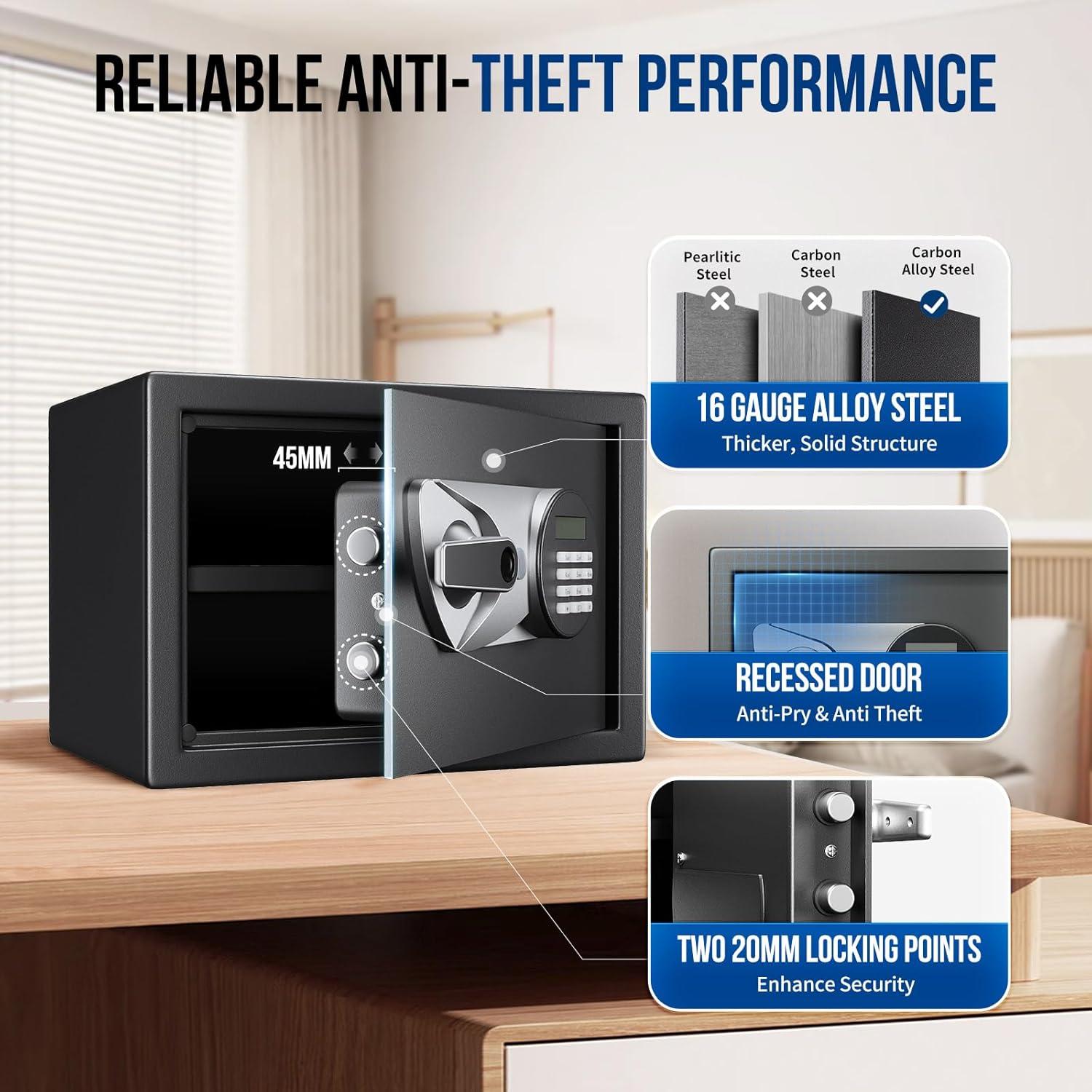 Safe Box,Blacksmith 1.0 Cuft Biometric Safes Lock Box with Fingerprint and Keypad,Security Money Safe Lock Cabinet Money Vault with Fireproof Document Bag and Removable Shelf,Black