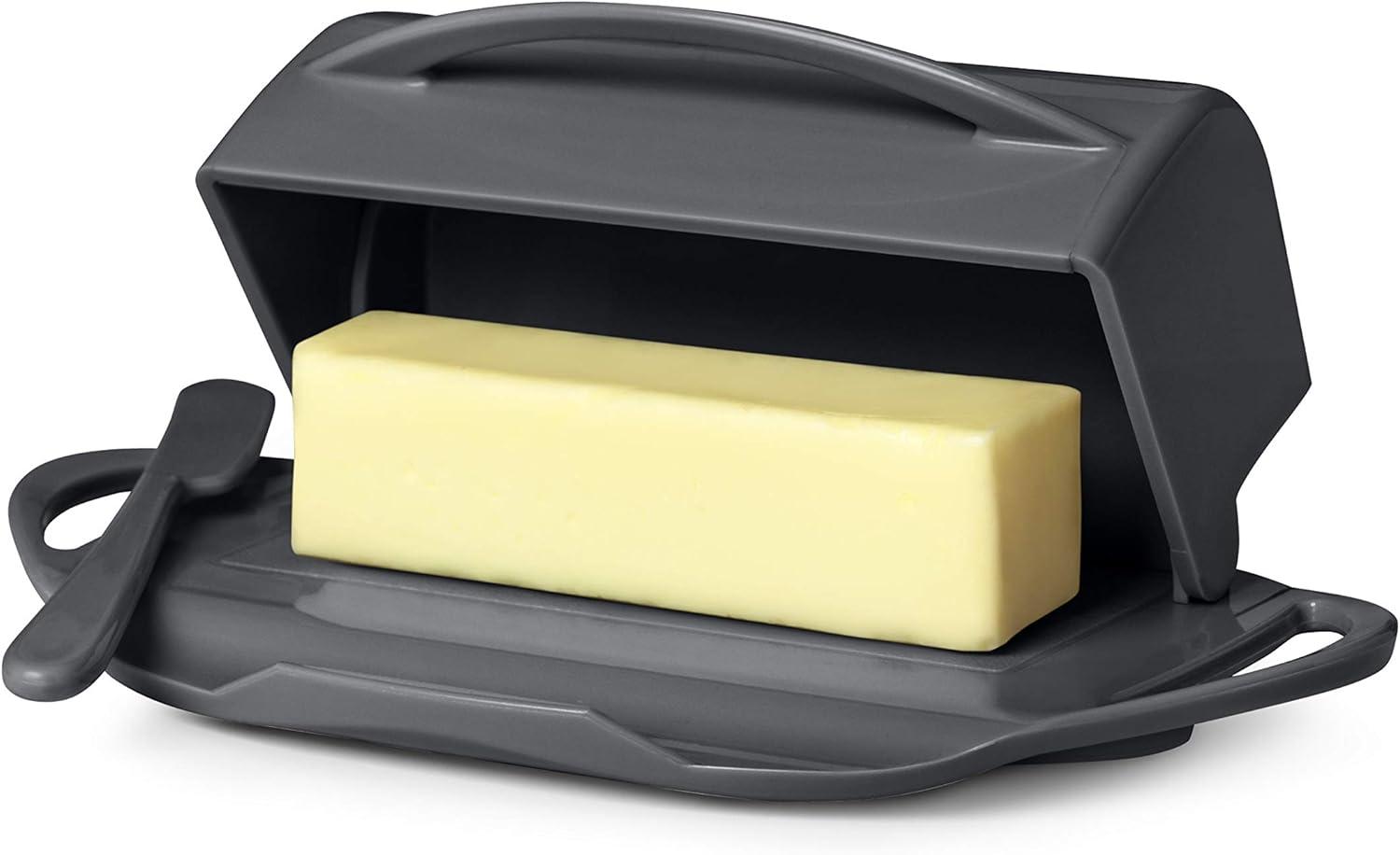 Gray Flip-Top Skid-Resistant Butter Dish with Spreader