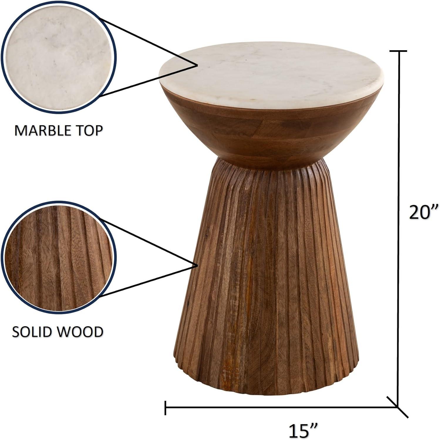 Round Marble Top Solid Mango Wood Decorative Cylindrical Base Side/End Table,Contemprary Accent Side/End Table,Fully Assembled, for The Living Room and Bedroom Gray