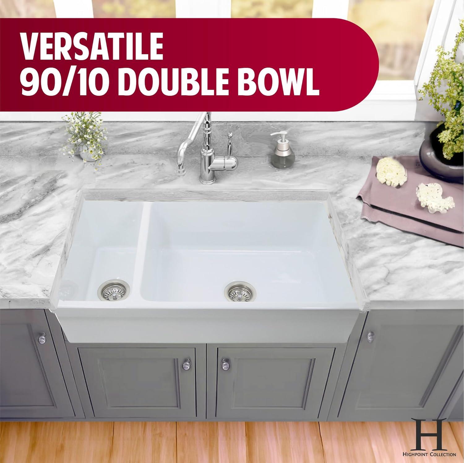 White Farmhouse Sink – 36" Farm Kitchen Sink with Apron, Fireclay, Made in Italy – Double Bowl, Sturdy, Reversible, Undermount, Scratch Resistant, Easy to Clean HP-FC9010-W