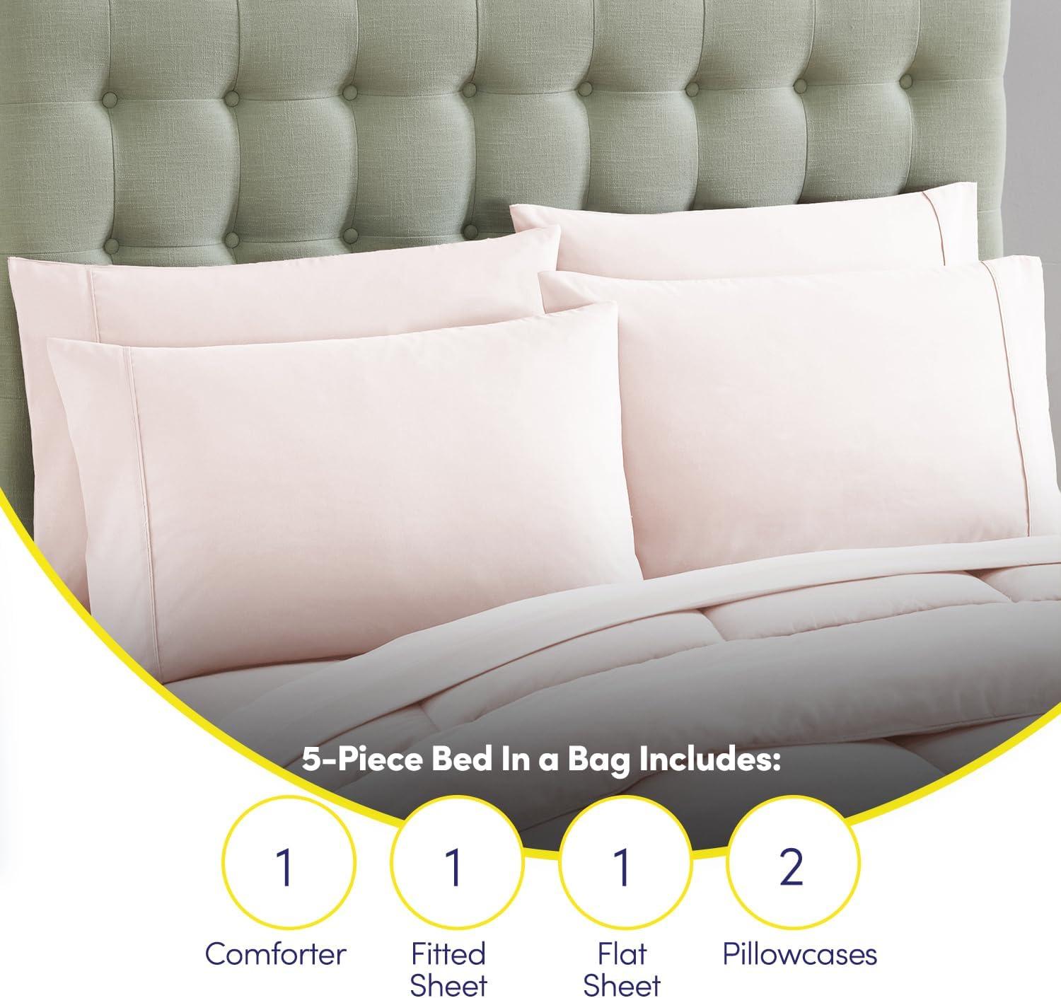 Sweet Home Collection 5 Piece Comforter Set Bag Solid Color All Season Soft Down Alternative Blanket & Luxurious Microfiber Bed Sheets, Pale Pink, Twin