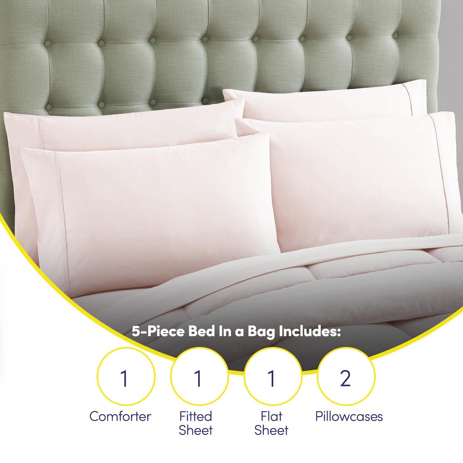 Sweet Home Collection 5 Piece Comforter Set Bag Solid Color All Season Soft Down Alternative Blanket & Luxurious Microfiber Bed Sheets, Pale Pink, Twin