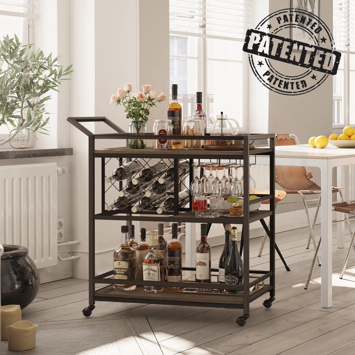 Costway 3-tier Bar Cart on Wheels Home Kitchen Serving Cart with Wine Rack & Glass Holder Rustic Brown