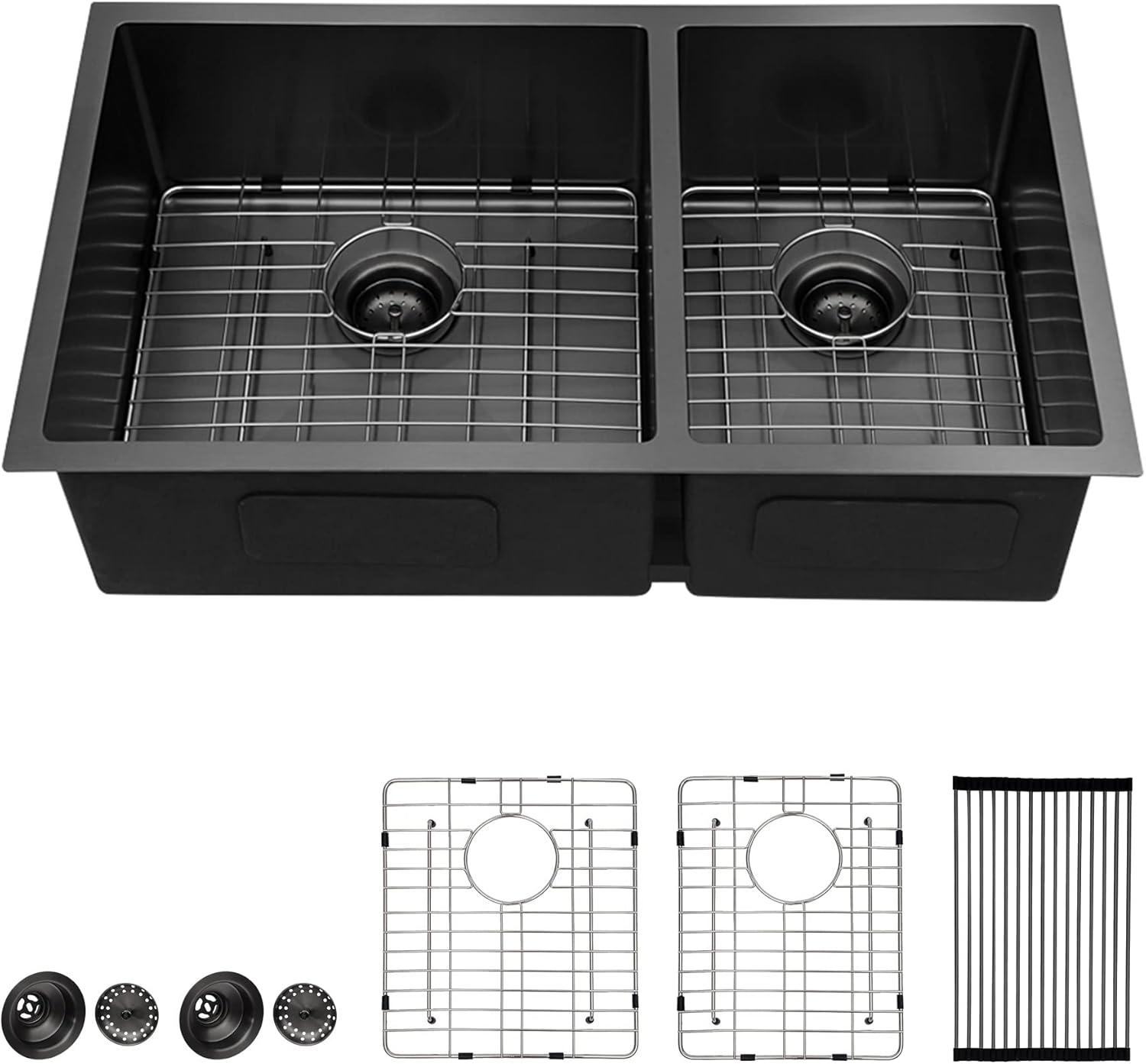 Double Bowl (60/40) Undermount Sink, 33"x19" Gunmetal Black Double Bowl Kitchen Sink 16 Gauge with Two 10" Deep Basin, X Grooves Engineered for Easy Draining