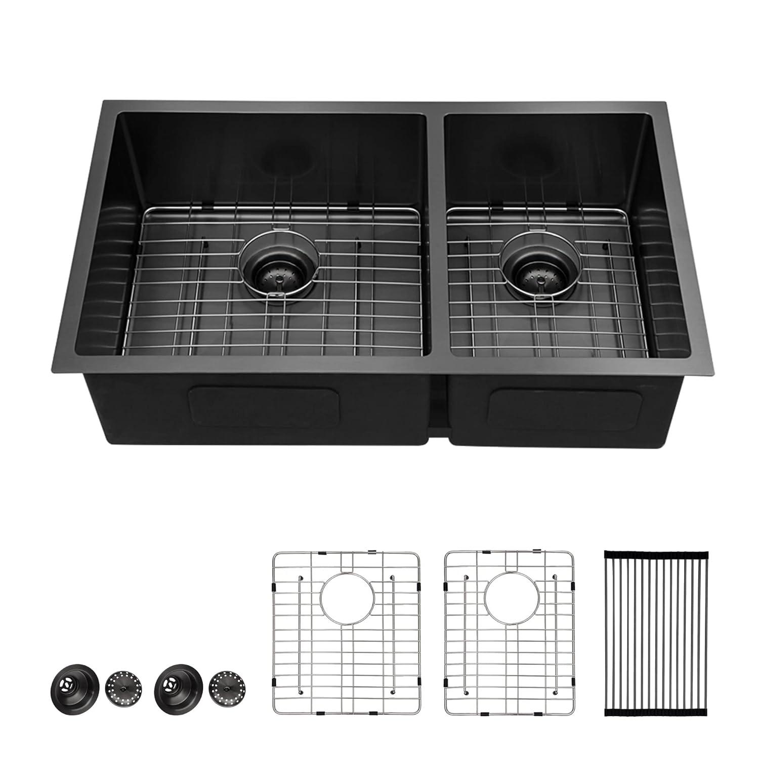 Double Bowl (60/40) Undermount Sink, 33"x19" Gunmetal Black Double Bowl Kitchen Sink 16 Gauge with Two 10" Deep Basin, X Grooves Engineered for Easy Draining