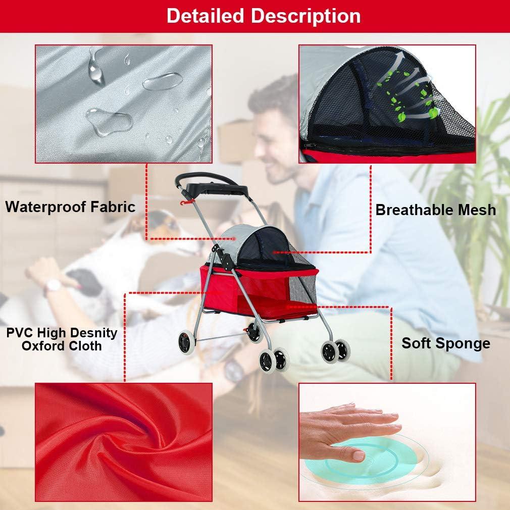 Red Aluminum 4-Wheel Folding Pet Stroller with Cup Holder