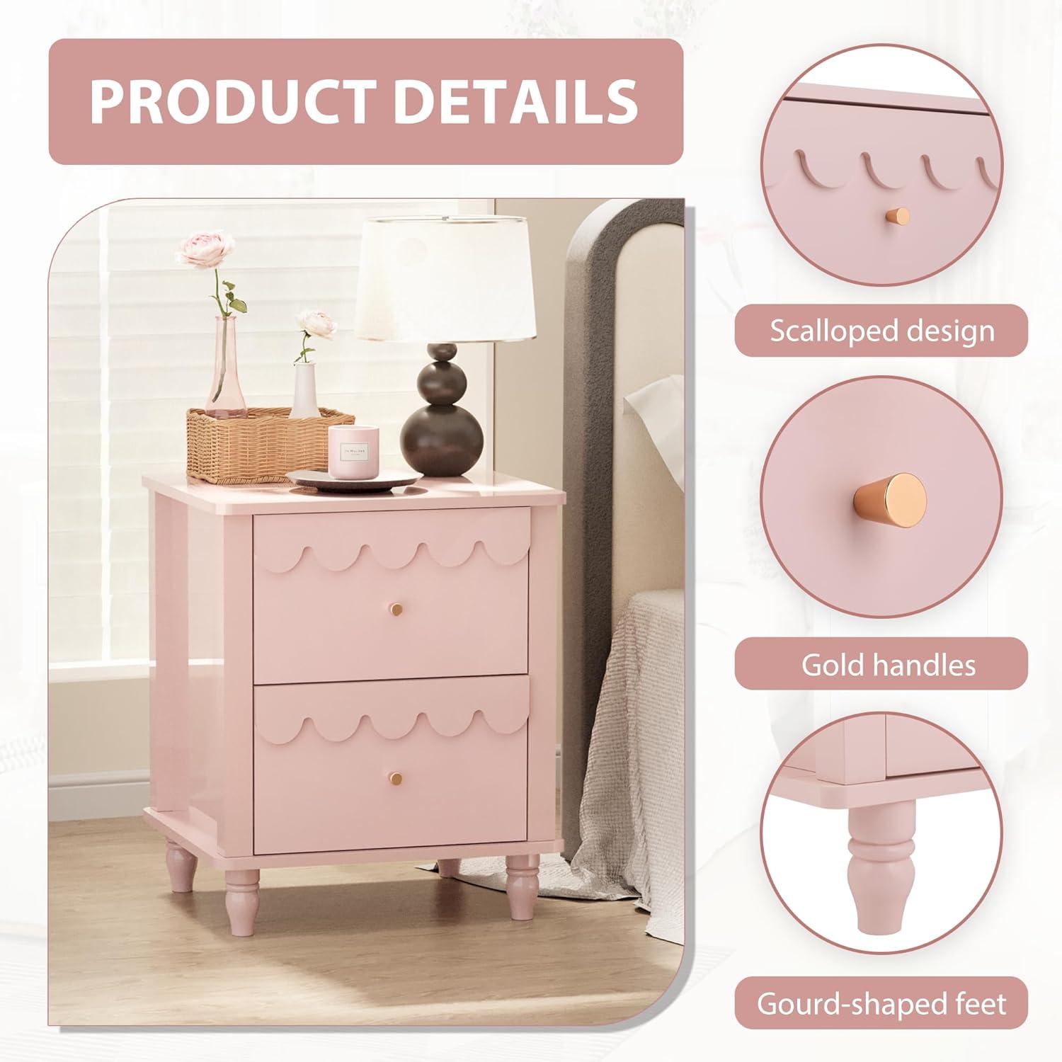 Pink MDF 2-Drawer Scalloped Nightstand with Solid Wood Legs