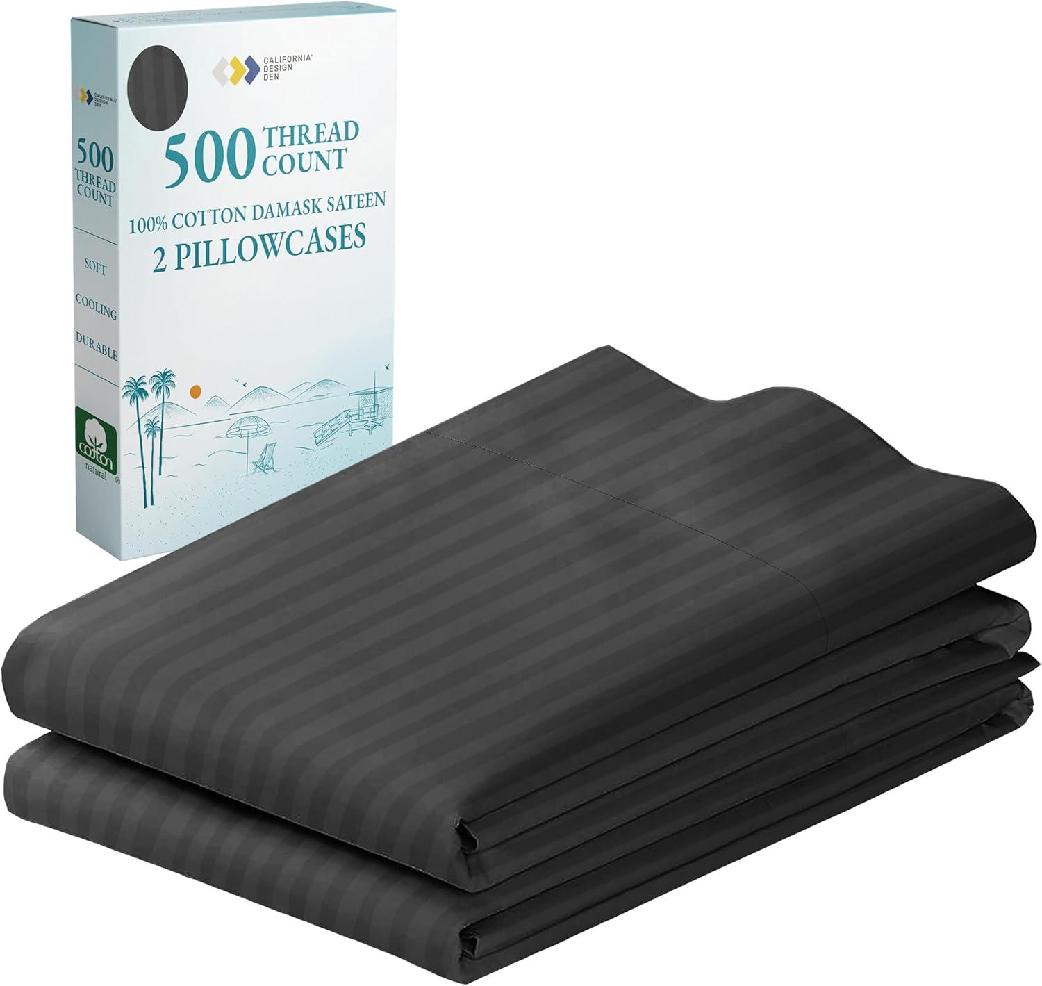 Luxury 500 Thread Count Pillowcase Set - 100% Cotton Sateen, Breathable by California Design Den - Dark Gray Striped, Standard/Queen Pillowcases