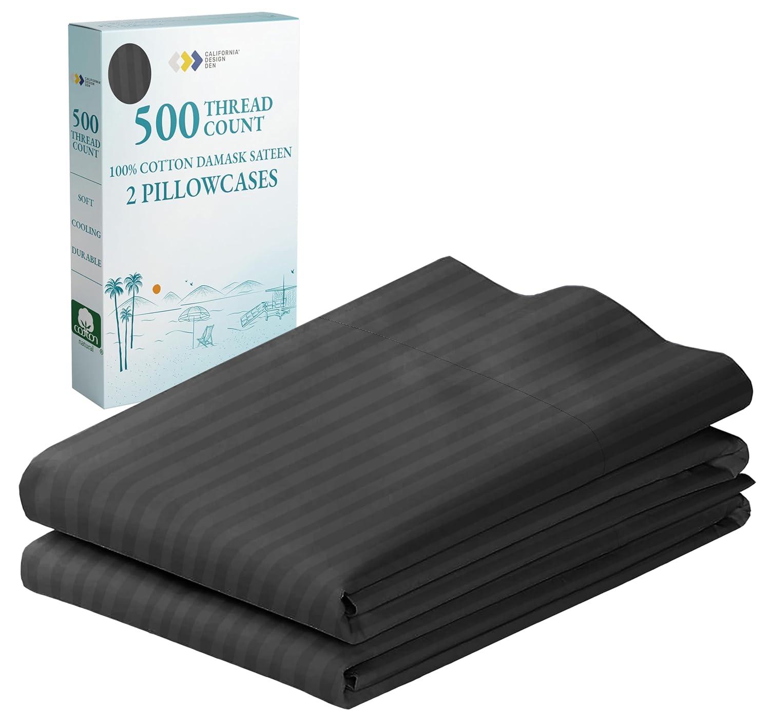 Luxury 500 Thread Count Pillowcase Set - 100% Cotton Sateen, Breathable by California Design Den - Dark Gray Striped, Standard/Queen Pillowcases