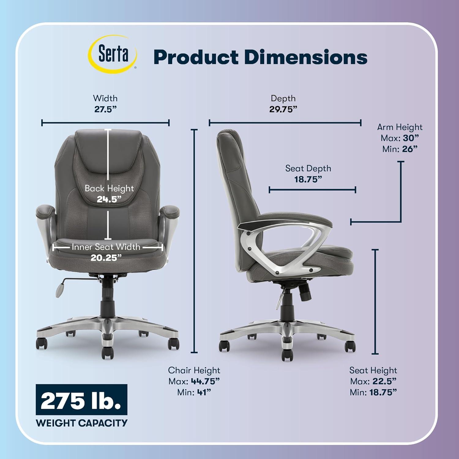 Amplify Executive Mesh Office Chair Seamless Light Gray - Serta: Ergonomic with Fixed Arms & Casters, Adjustable Height