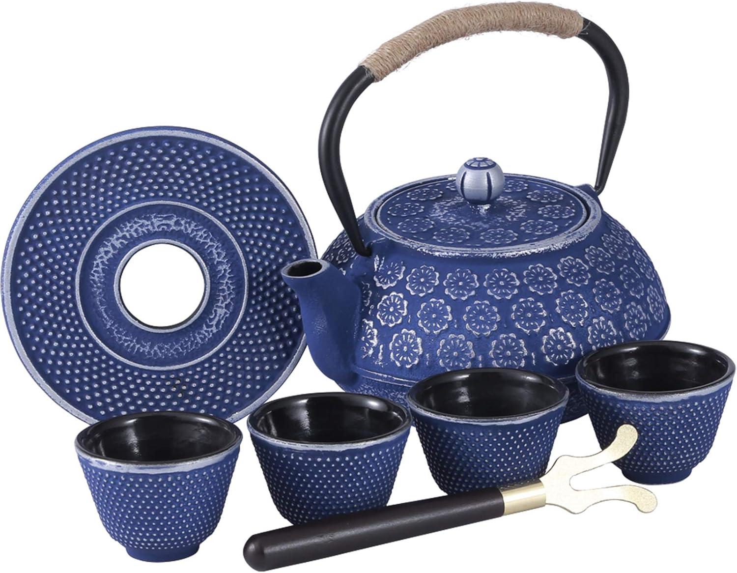 Darby Home Co Blue Floral Japanese Cast Iron Teapot Set with 4 Cups