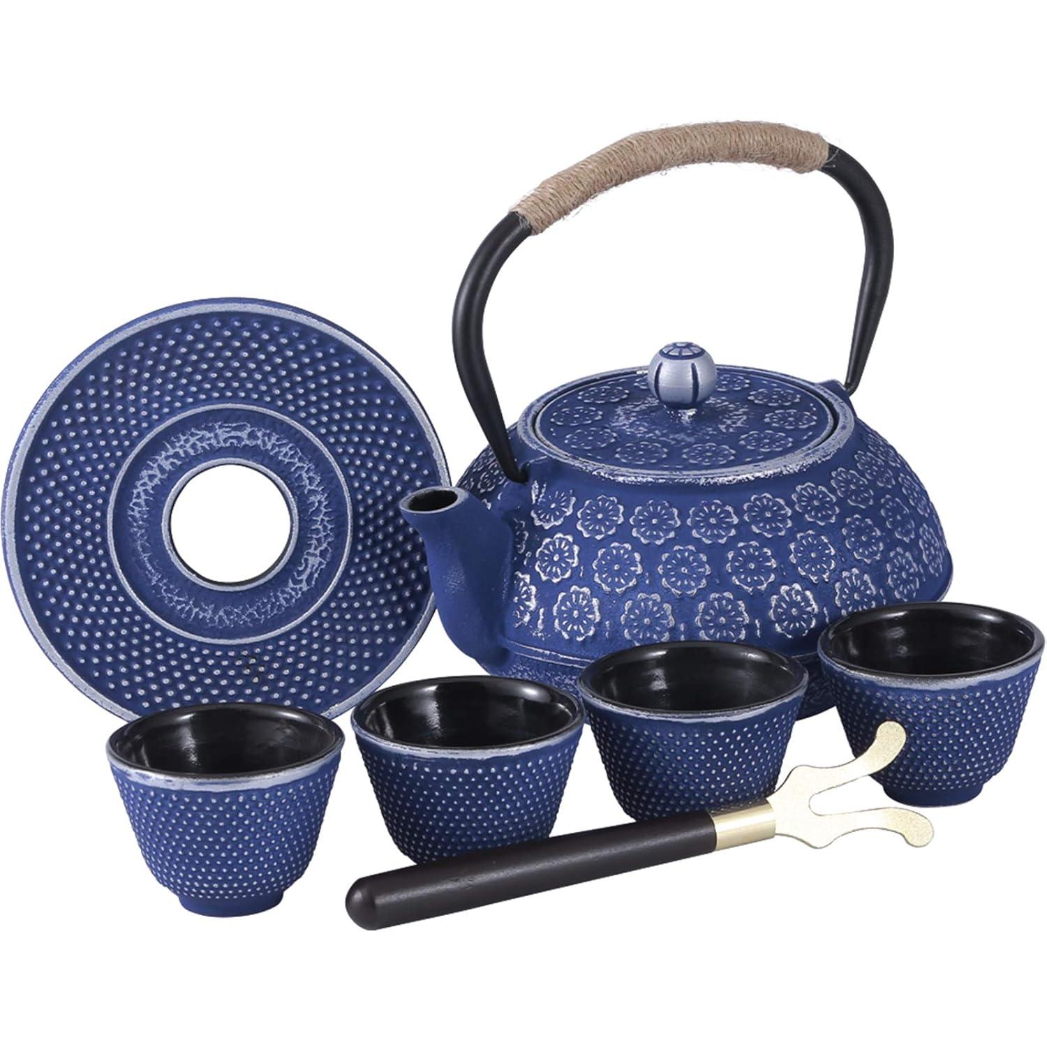 Darby Home Co Blue Floral Japanese Cast Iron Teapot Set with 4 Cups