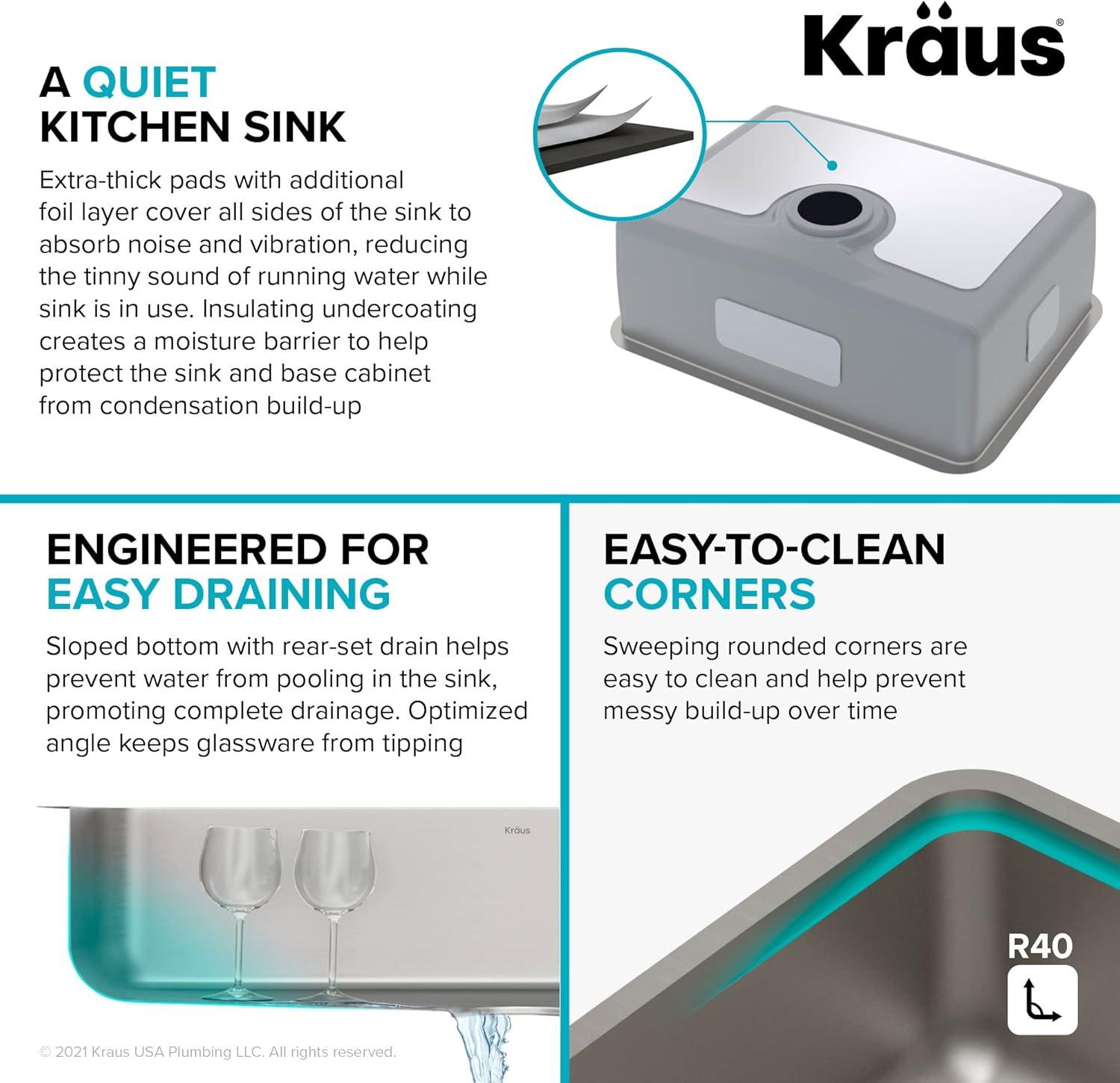 Dex™️ Series KRAUS 25-inch L Undermount Single Bowl TRU16 Gauge Stainless Steel Kitchen Sink with DrainAssure WaterWay