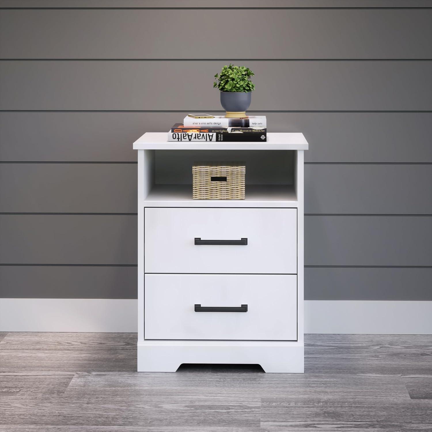 Prepac Rustic Ridge Farmhouse Nightstand with 2 Drawers and Open Shelf White