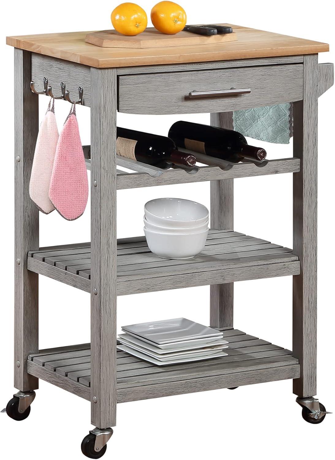 Ellaine Light Gray Solid Wood Butcher Block Kitchen Cart with Wine Rack