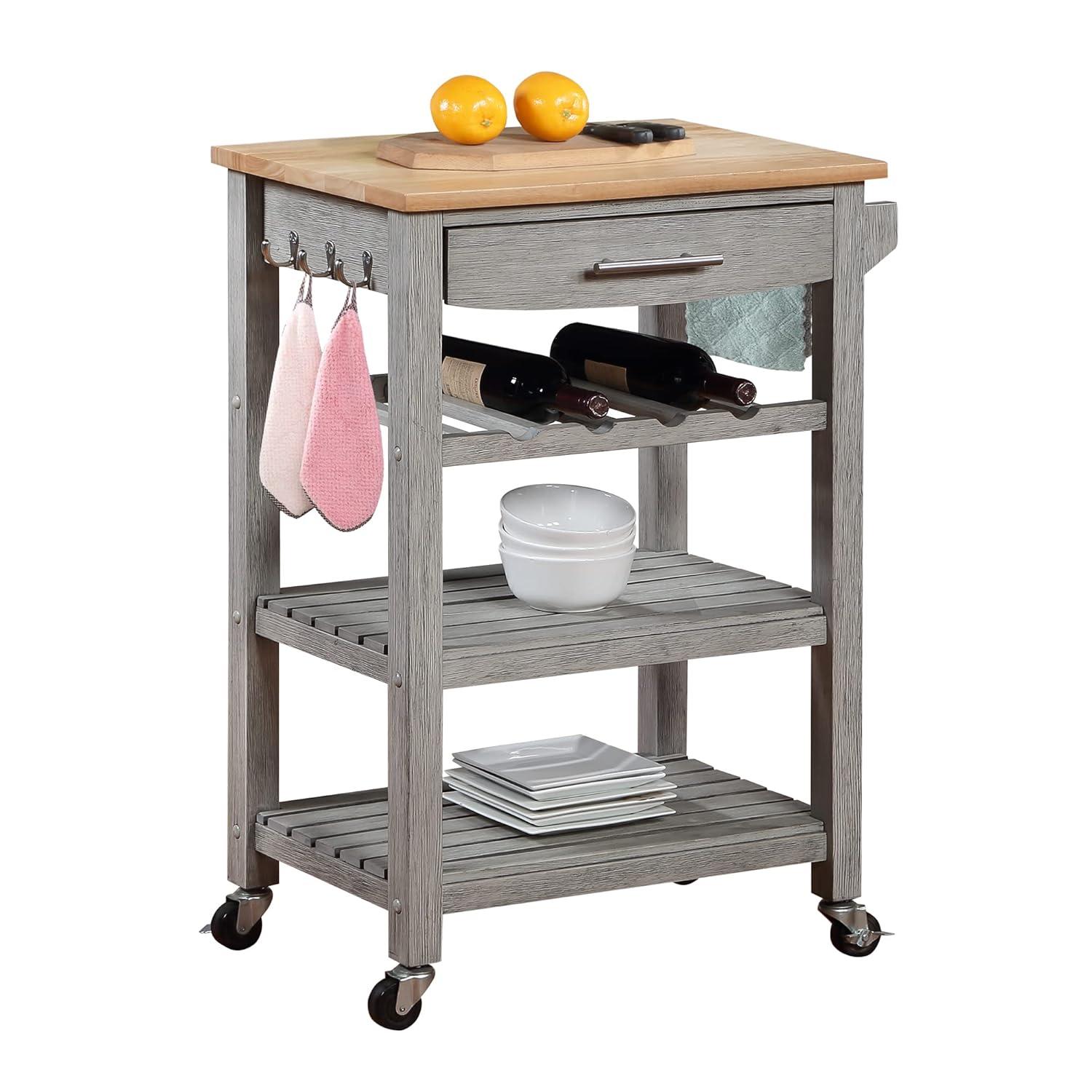 Ellaine Light Gray Solid Wood Butcher Block Kitchen Cart with Wine Rack
