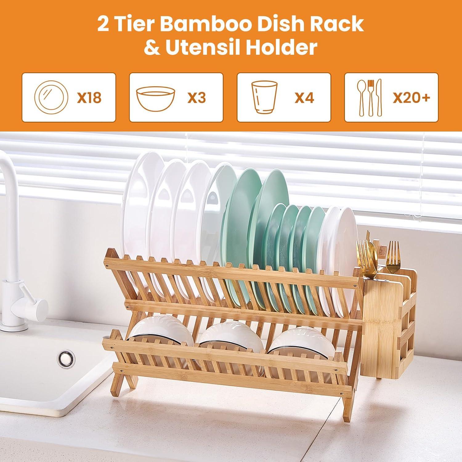 Foldable Bamboo 2-Tier Dish Drying Rack with Utensil Holder