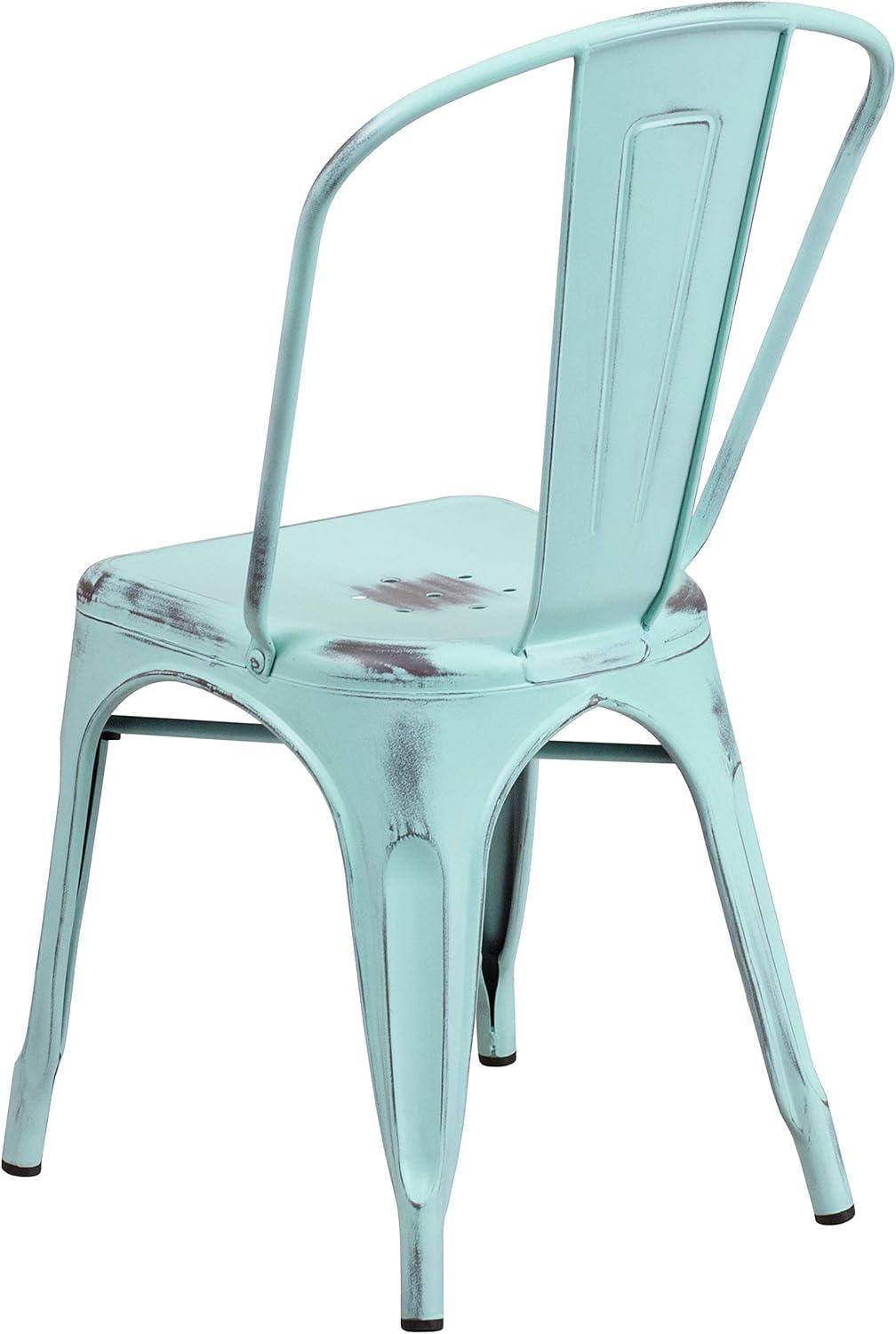 Distressed Green-Blue Metal Stackable Side Chair