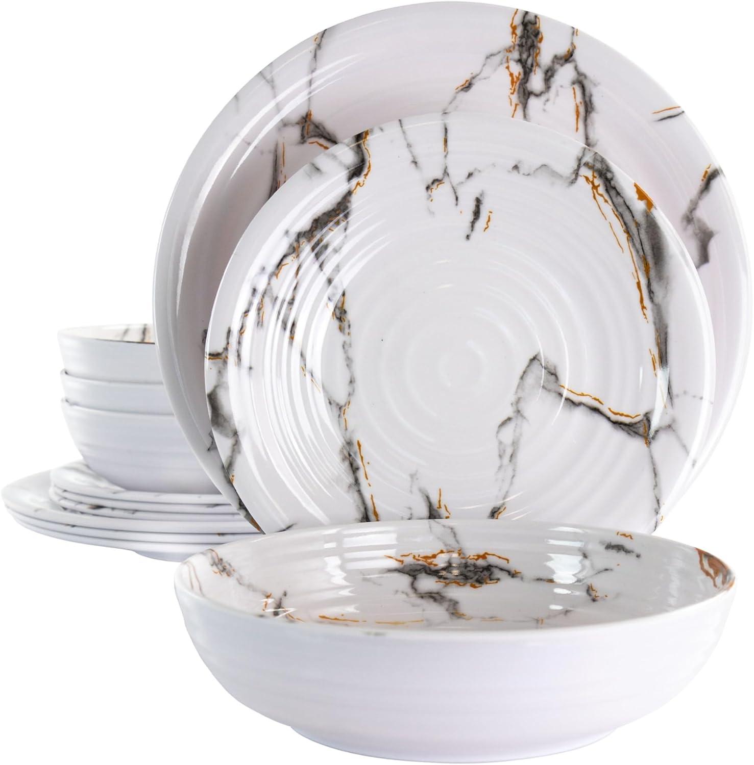 12 Piece White Marble Melamine Dinnerware Set for 4