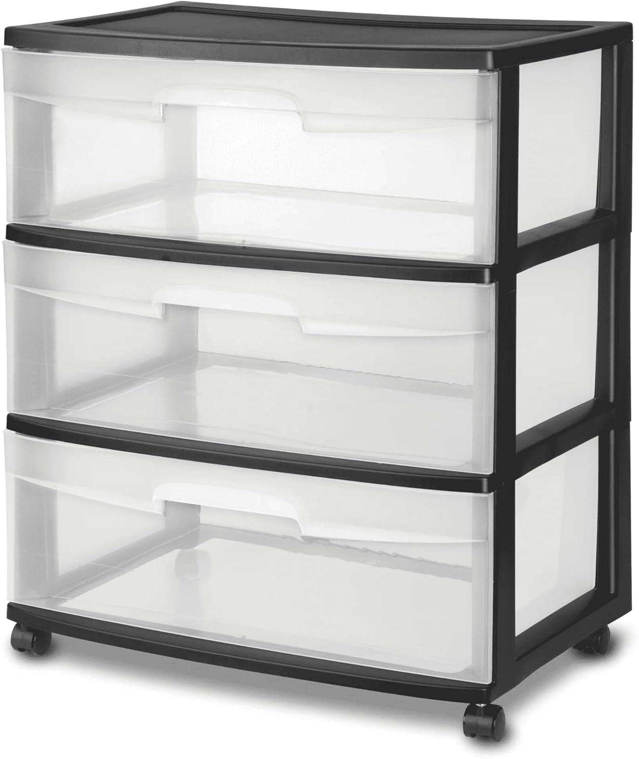 Sterilite Storage Drawer, 3 Drawer Wide Plastic Storage Cart with Clear Pull Out Drawers, Black