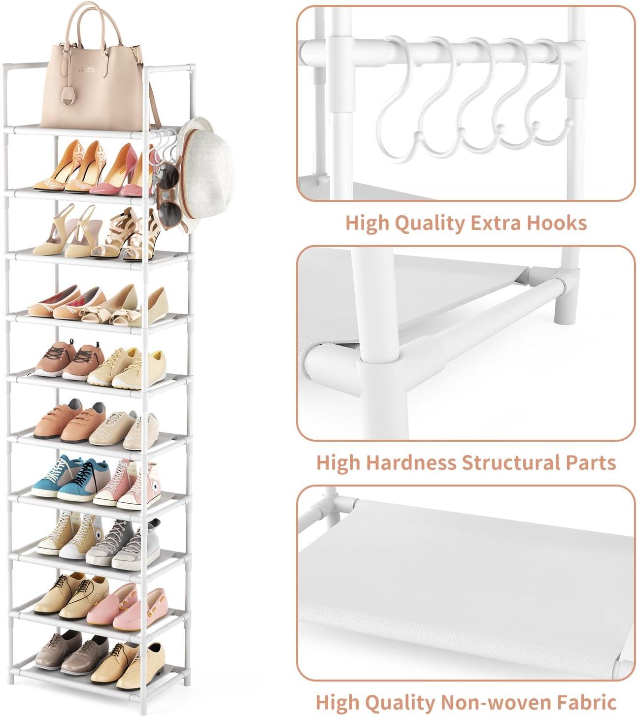 White 10-Tier Tall Stackable Shoe Rack with Hooks