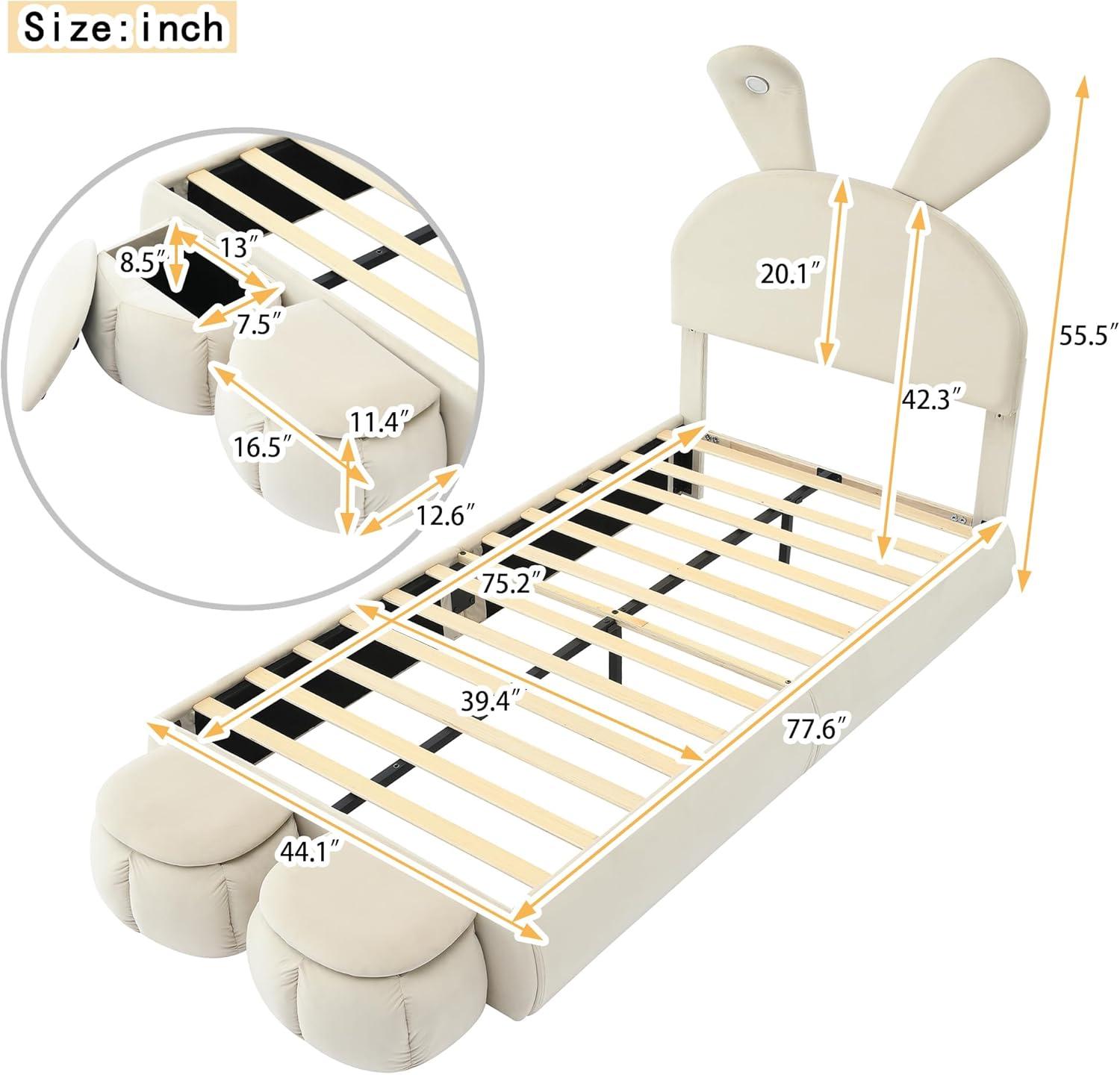 Sesslife Twin Bed Frame for teens, Upholstered Bed Frame with 2 Storage Stools and LED Light, Cute Bed Frame with Rabbit-Ears Shaped Headboard, Cartoon Twin Bed Frame, No Box Spring Needed, Beige