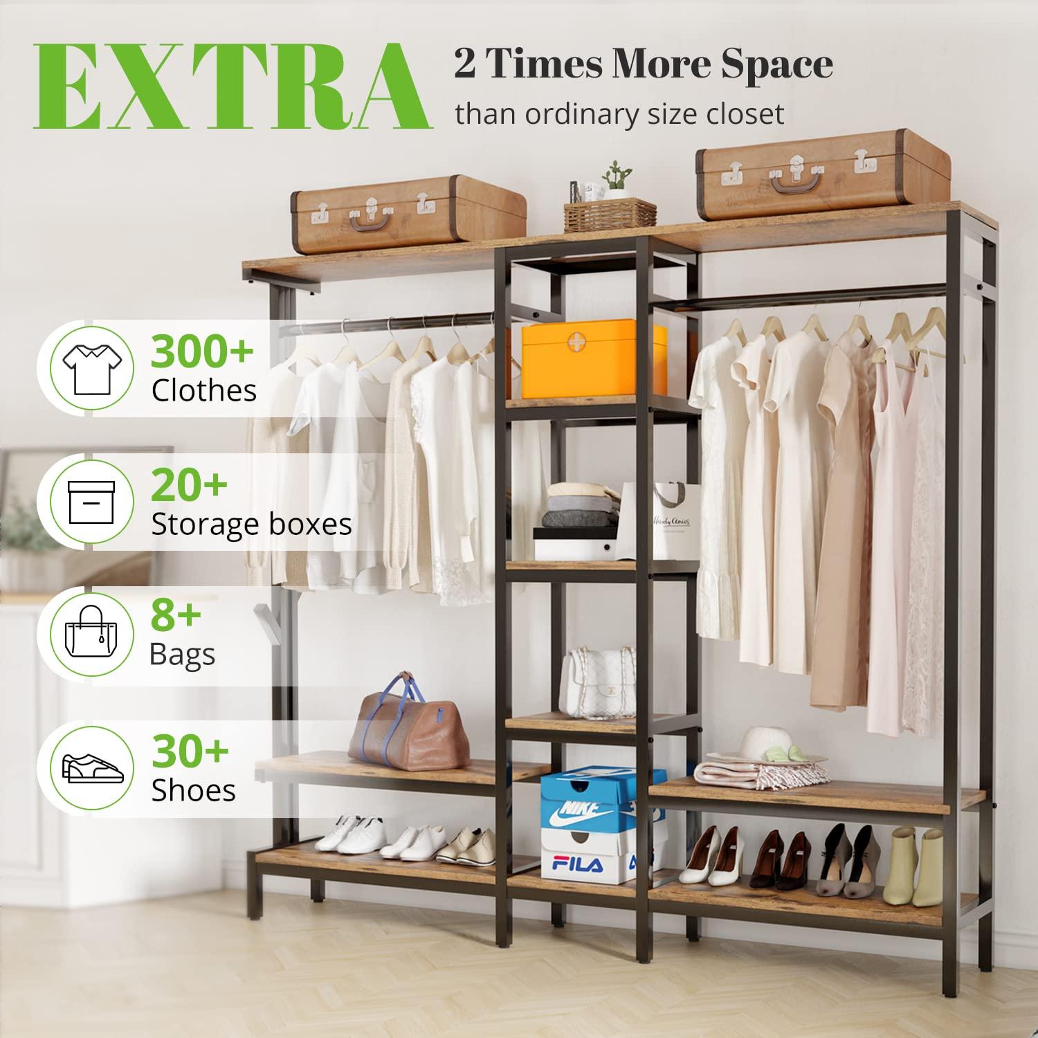 HOKEEPER Heavy Duty Extra Large Freestanding Closet Organizer With Coat Rack - Metal Wardrobe for Hanging Clothes, Storage Shelves, and Garment Rack for Bedroom