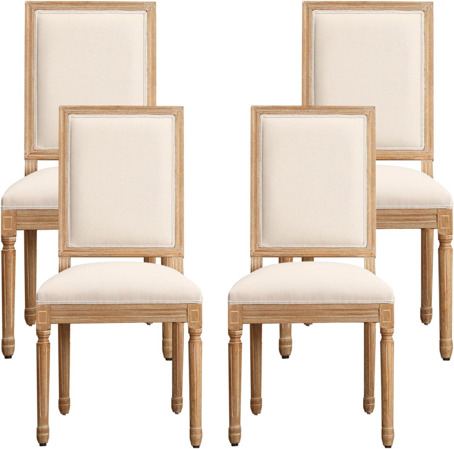 Sumdeal French Country Dining Chairs Set of 4, Farmhouse Dining Chairs with Square Backrest, Upholstered Dining Chair with Solid Wood Leg for Dining Room Bedroom Kitchen Restaurant