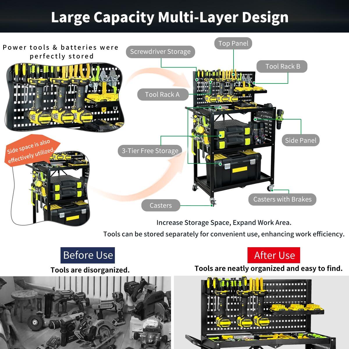 Lumizone 3-Tier Foldable Rolling Tool Cart with Wheels, Utility Cart with Pegboard and Hooks for Garage Organizer and Tool Storage, Power Tool Storage Cart on Wheels (Tool Cart+Hooks)