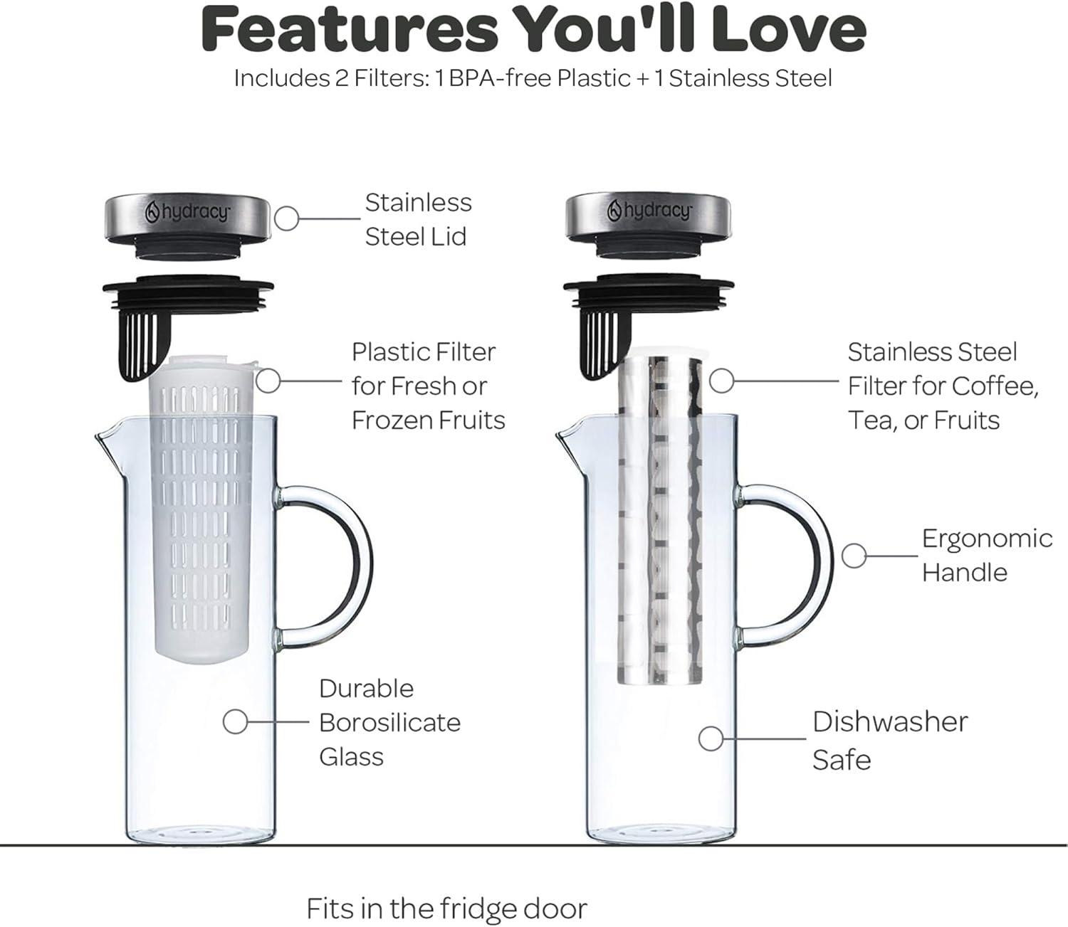 MODERN WALLS LLC B07WS8D4KF Cold Brew Coffee Maker - Large Glass Infusion Pitcher 1.6 Quarts 52Oz - Iced Coffee & Iced Tea Pitcher With Stainless Steel Lid & Fruit Infusion Tube - Perfect For Home Or Office