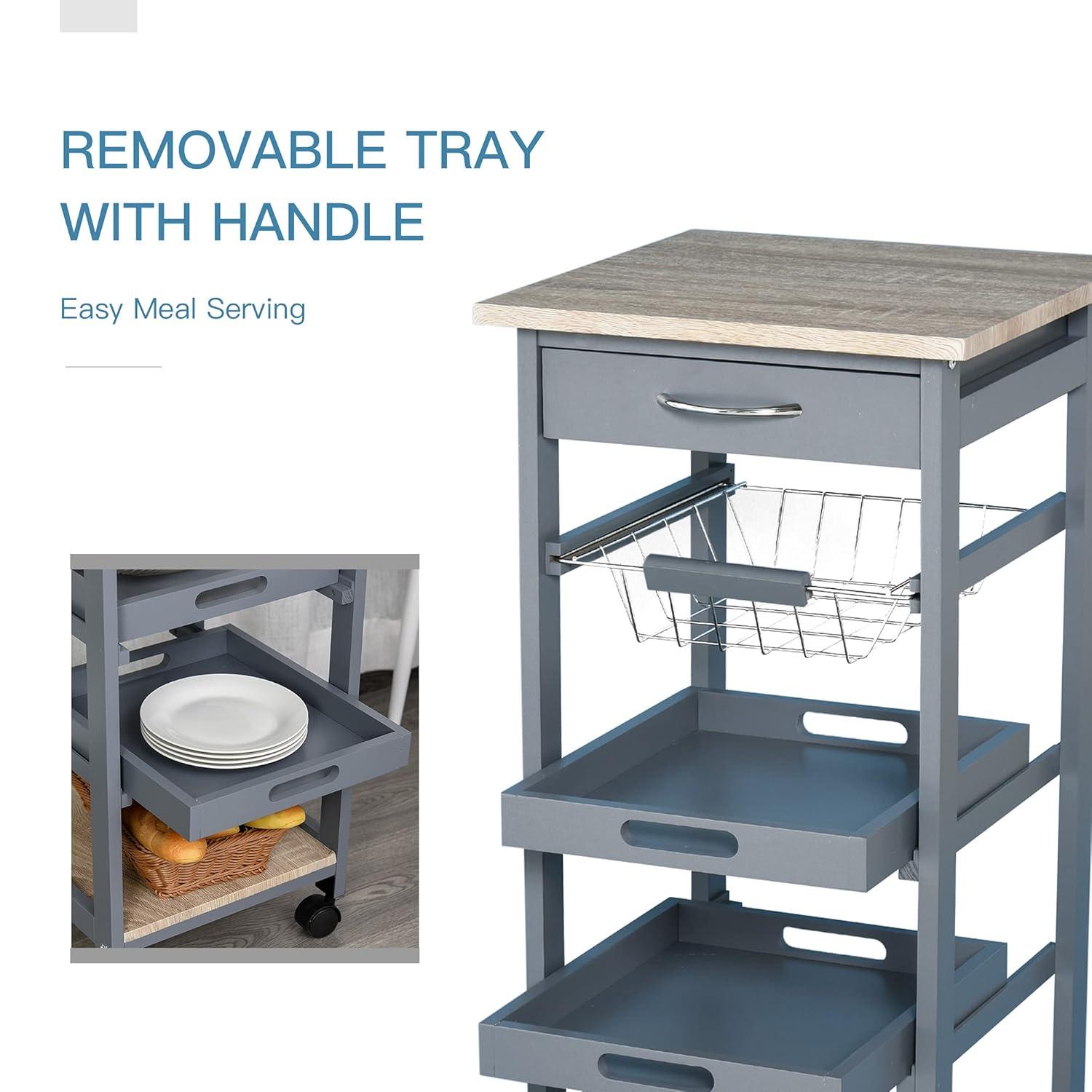 HOMCOM Mobile Rolling Kitchen Island Trolley Serving Cart with Underneath Drawer & Slide-Out Wire Storage Basket, Grey