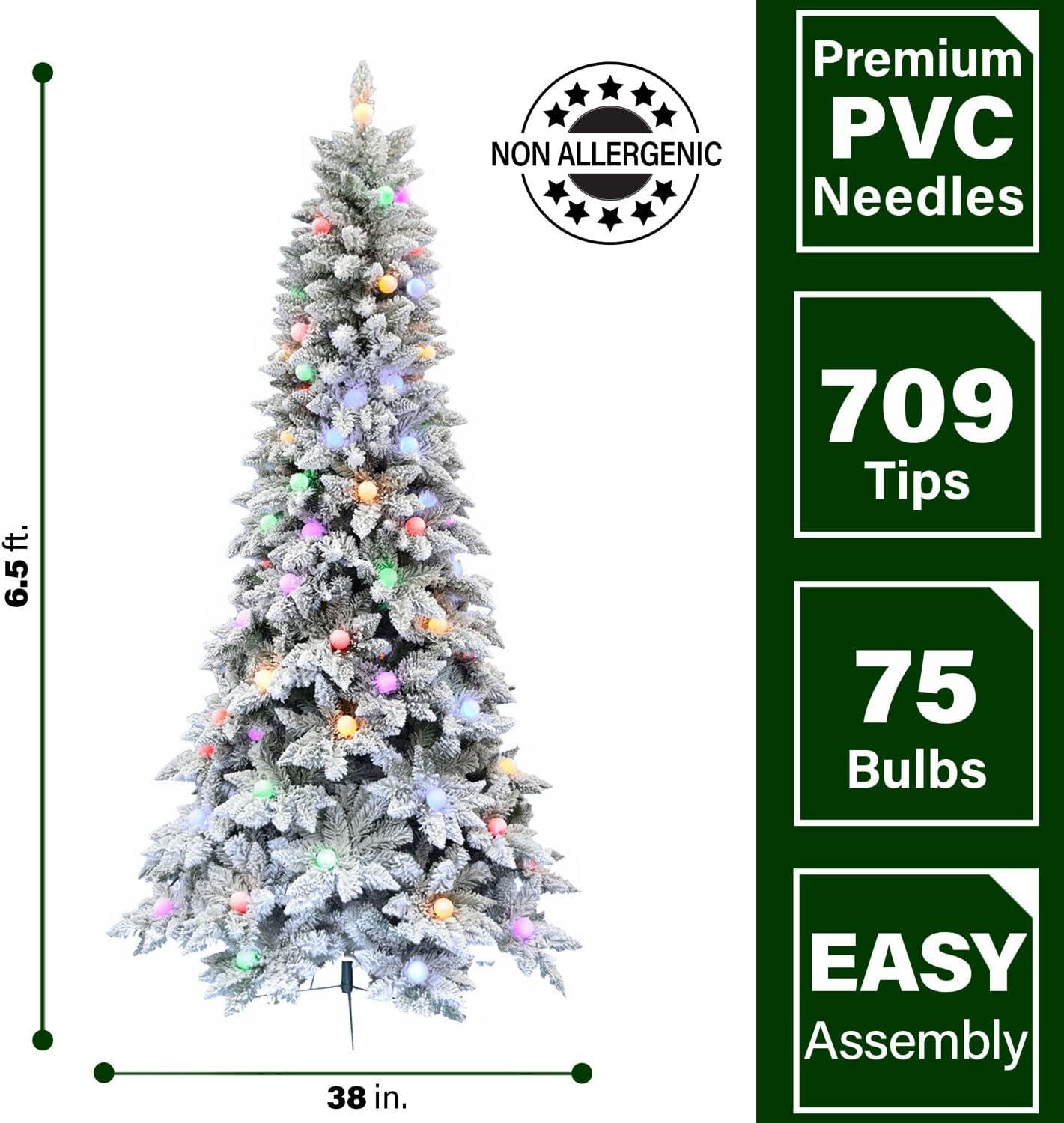 Fraser Hill Farm 6.5-Ft. Slim White Tail Pine Snow-Flocked Christmas Tree with Colorful G40 Bulbs, FFWT065-6SN