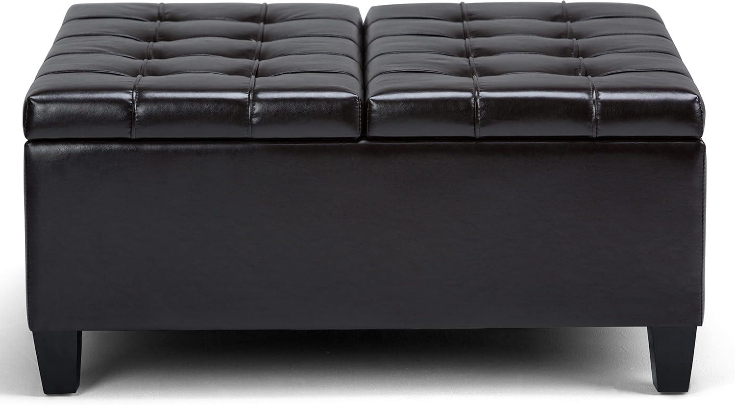 Simpli Home Harrison 36"W Upholstered Square Coffee Table Storage Ottoman with Split Lift Top