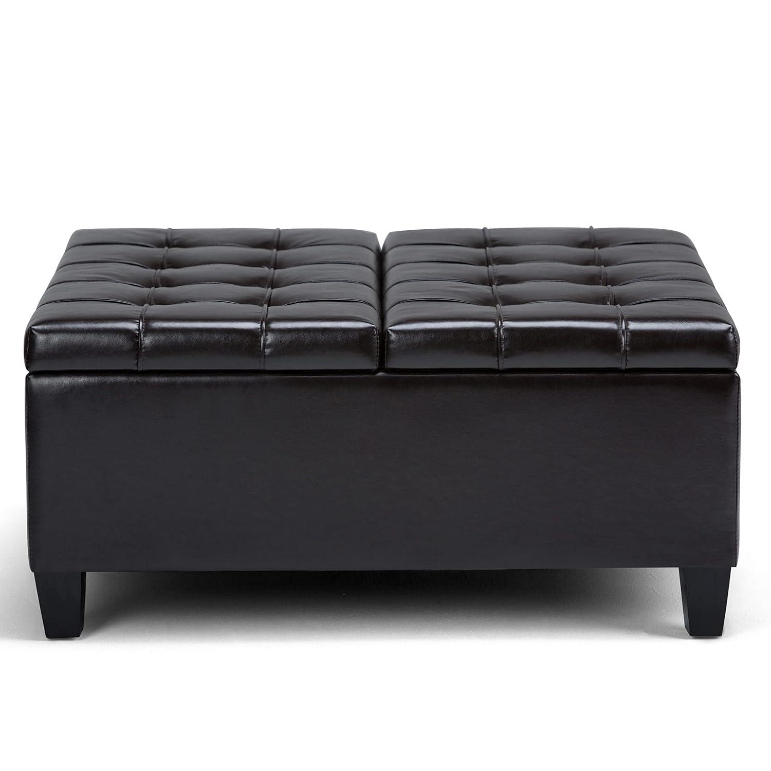 Simpli Home Harrison 36"W Upholstered Square Coffee Table Storage Ottoman with Split Lift Top