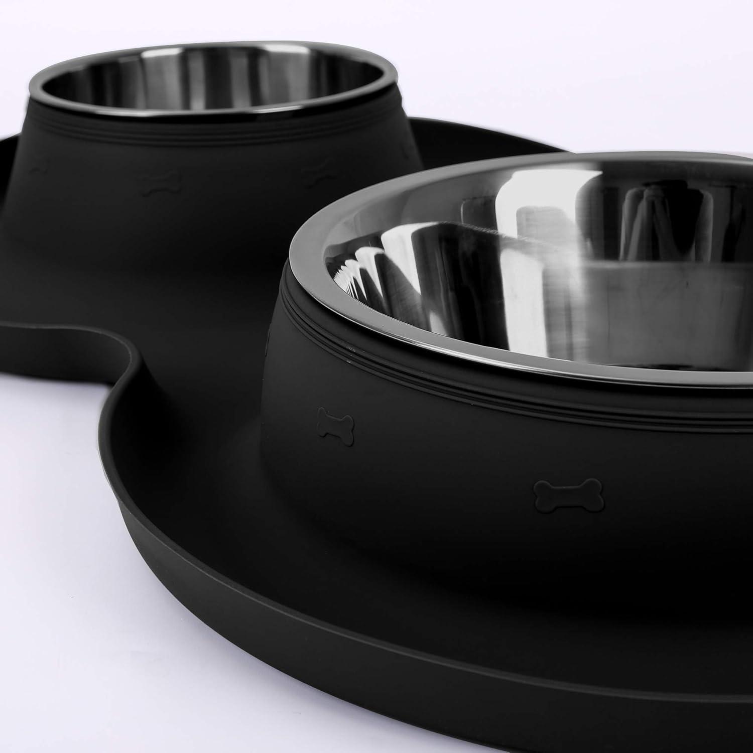 100% Waterproof BPA Free Pet Dog Bowls2 Stainless Steel（53oz+27oz） with 1.35“ Raised Edge Silicone Mat + Slow Feed Dog Water and Food Bowls for Feeding Small Large Dogs Cats Puppies (Black)