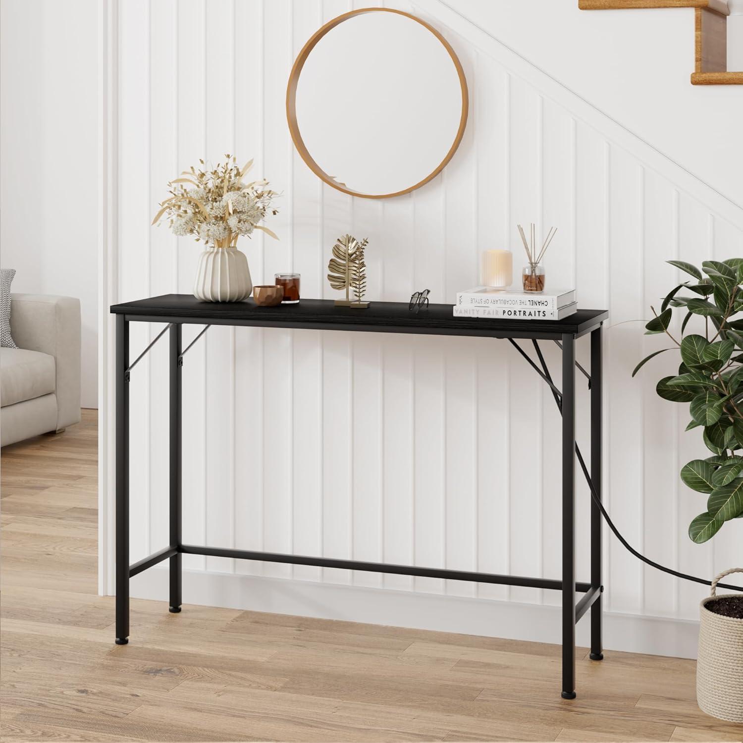 IDALHOUSE Narrow Console Table, Black Sofa Table with Outlets, Behind Couch Table for Living Room, Hallway Table for Entryway-Black