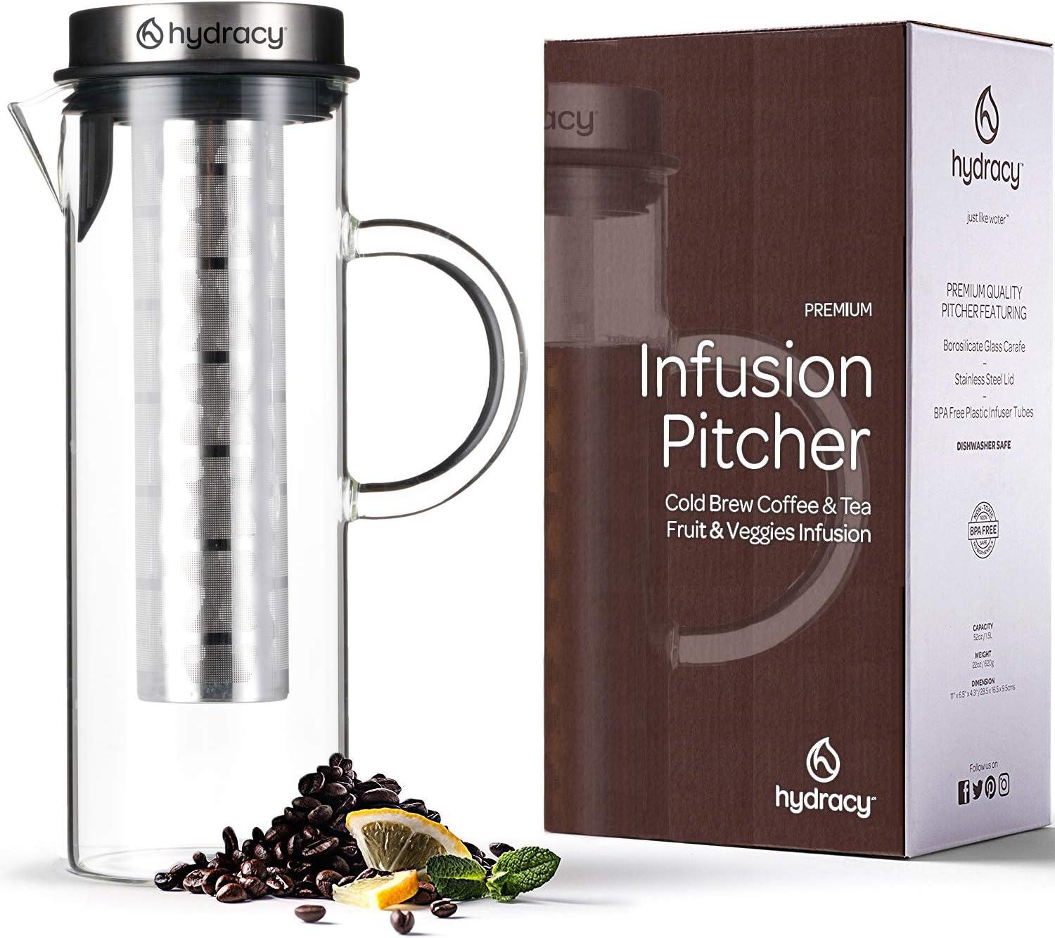 MODERN WALLS LLC B07WS8D4KF Cold Brew Coffee Maker - Large Glass Infusion Pitcher 1.6 Quarts 52Oz - Iced Coffee & Iced Tea Pitcher With Stainless Steel Lid & Fruit Infusion Tube - Perfect For Home Or Office