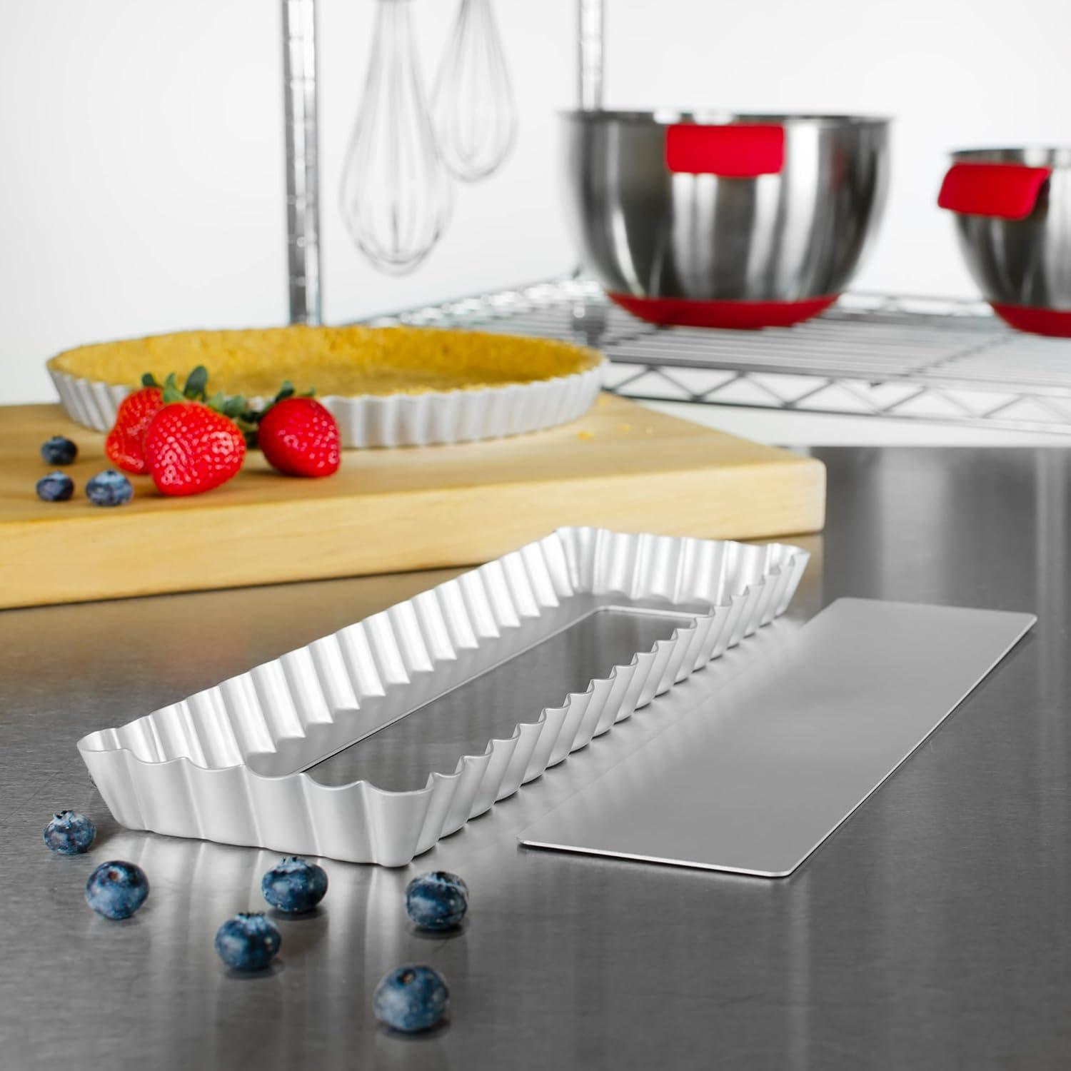 Silver Aluminum Rectangular Fluted Tart Pan with Removable Bottom