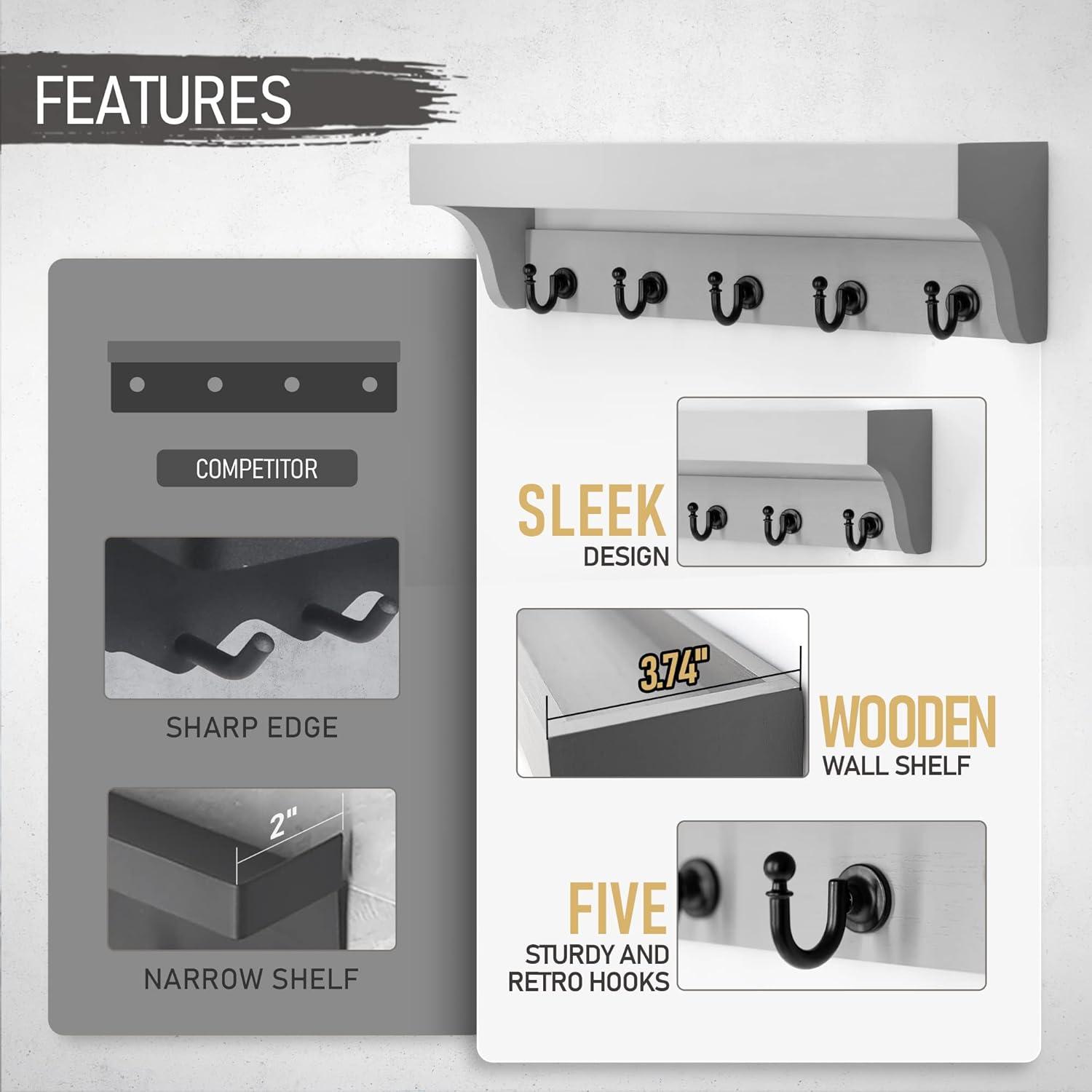 Gray Painted Wood Wall Mounted Key Holder with Shelf